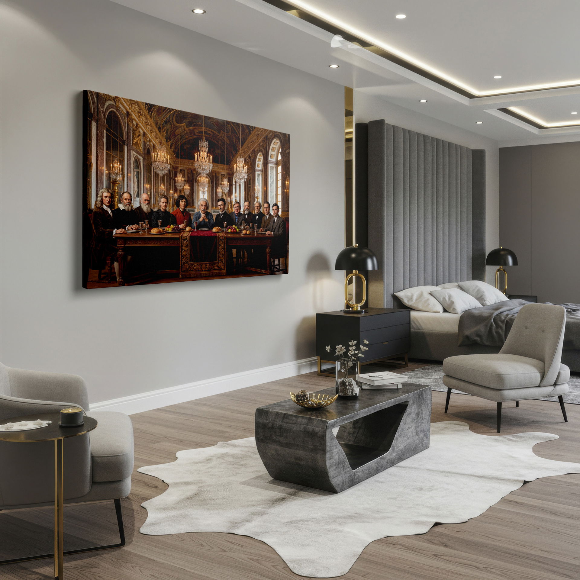 Beautiful wall decor capturing an opulent Last Supper scene, replaced with historical scientists.