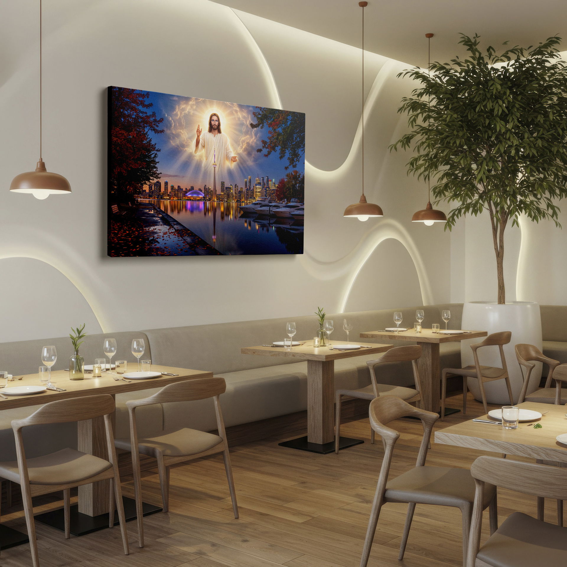 Unique wall art: Jesus and the Toronto skyline merge in this captivating spiritual and urban piece.