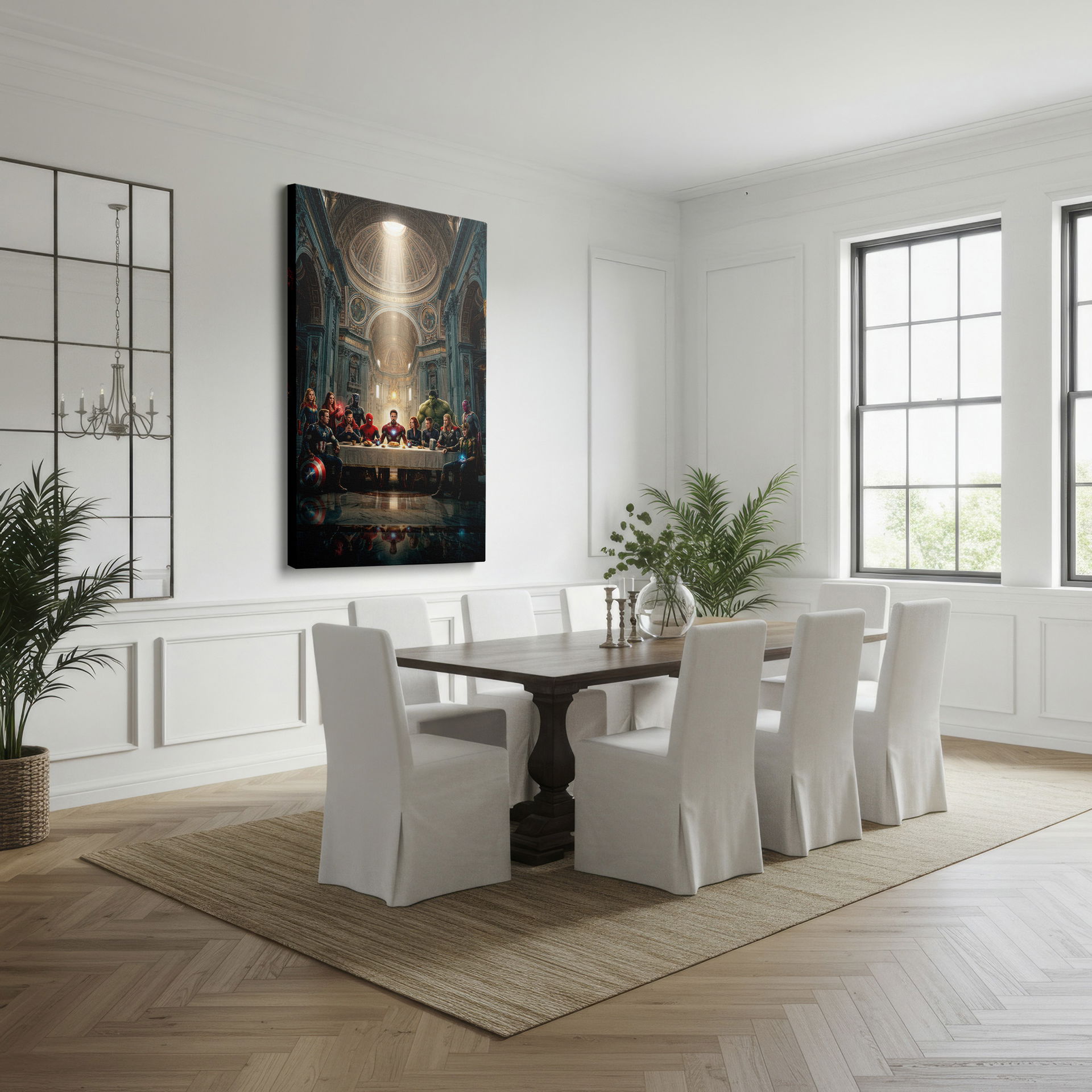 Marvel's Avengers in a Last Supper scene. A unique and captivating piece of wall art. This art piece is gallery-wrapped.