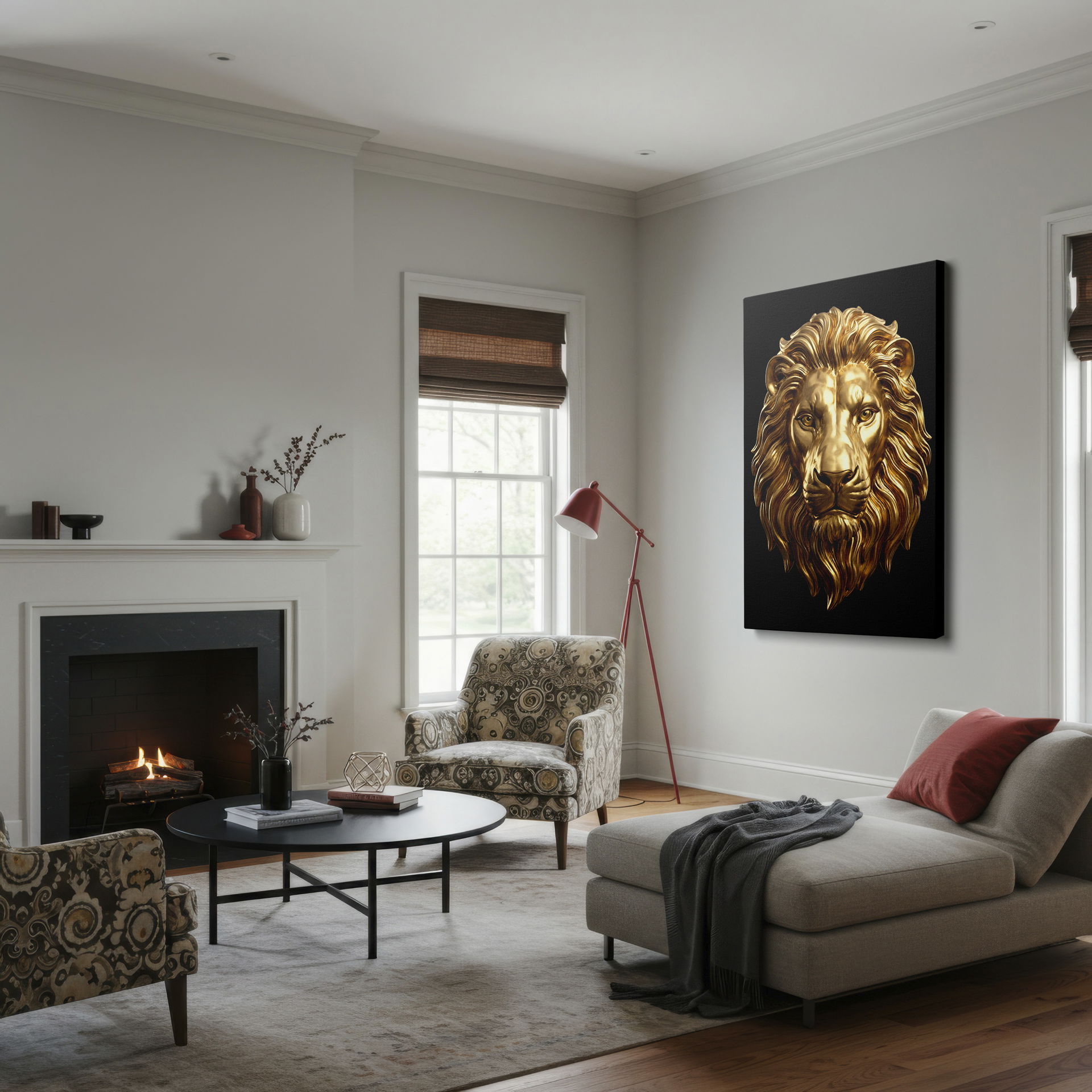 Wrapped Canvas showcasing a regal golden lion's head with flowing mane, a symbol of power and elegance.