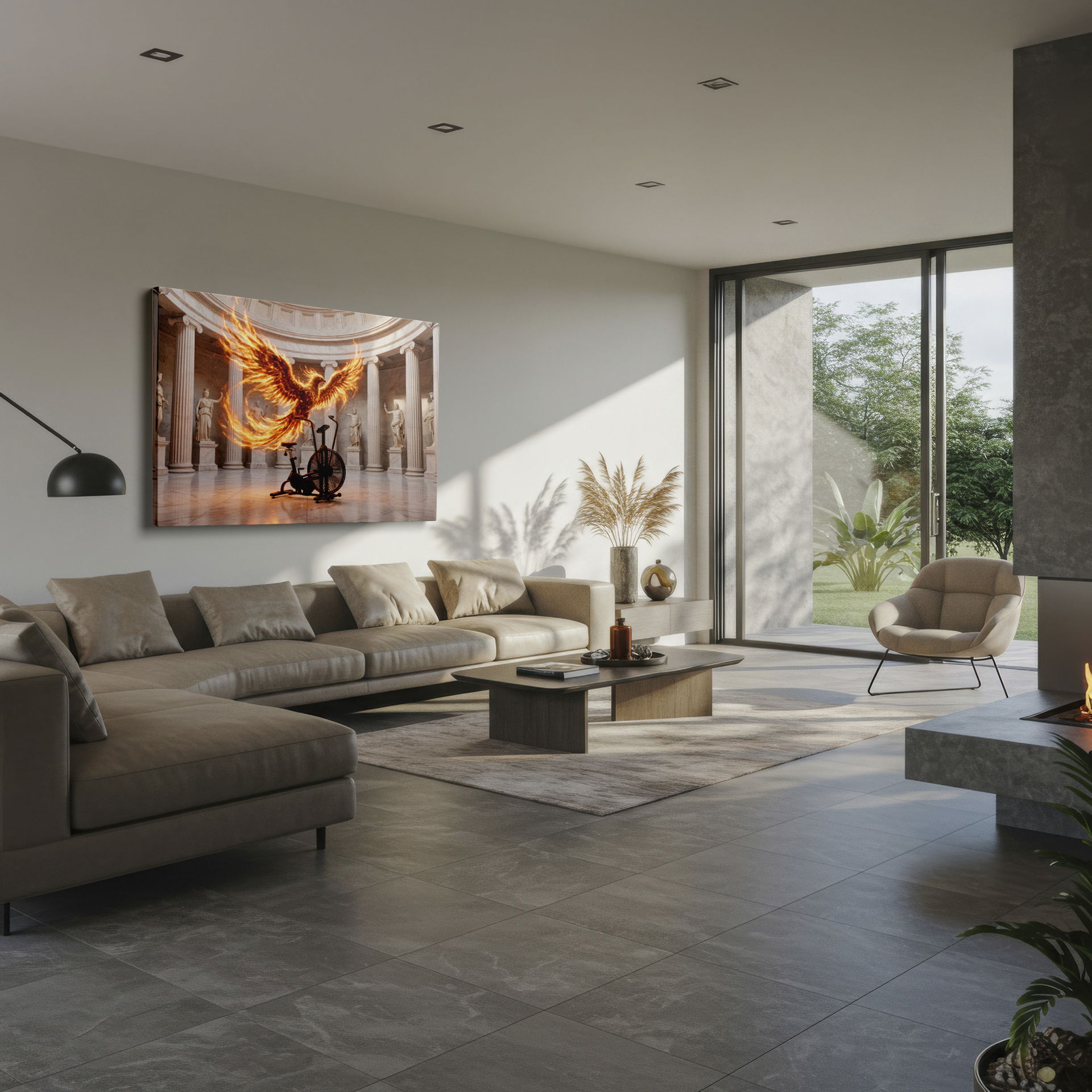 Fiery phoenix design wall art against a background of statues, seamlessly merging mythology with workout space.