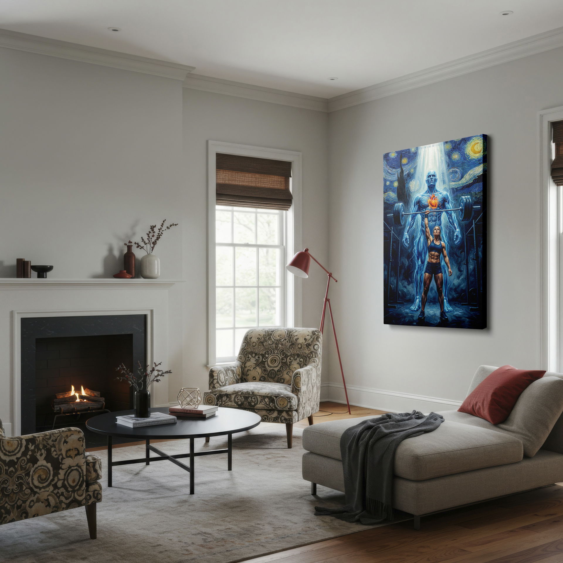 Unique artistic piece: a powerful weightlifter with Starry Night style guardian, now available as inspiring wall art.