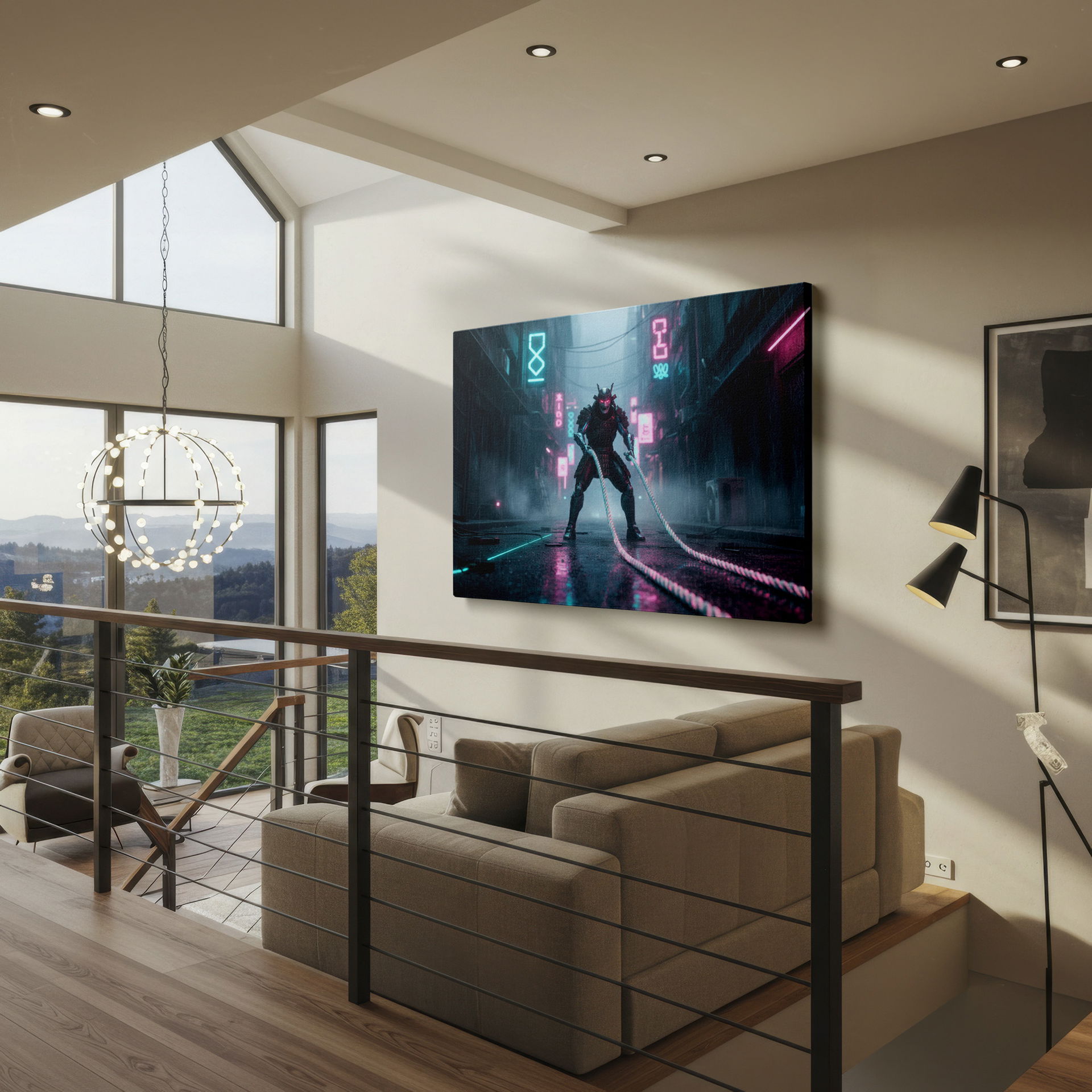 Cyberpunk aesthetic meets ancient tradition in this unique samurai wall decor print.