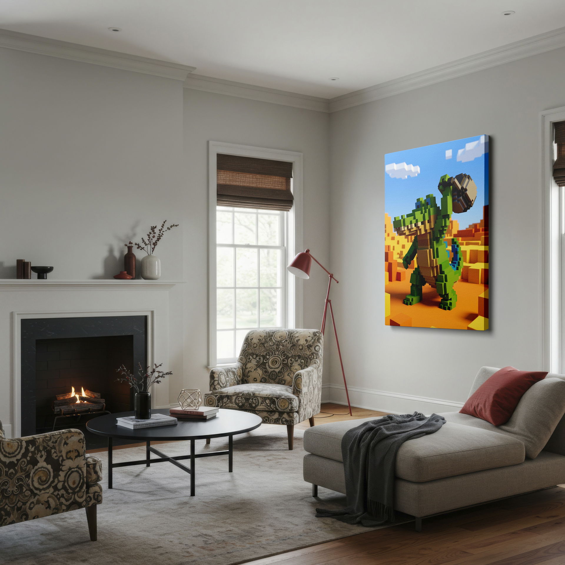 Voxel style green crocodile holding a block high, a unique Wrapped Canvas for kids.