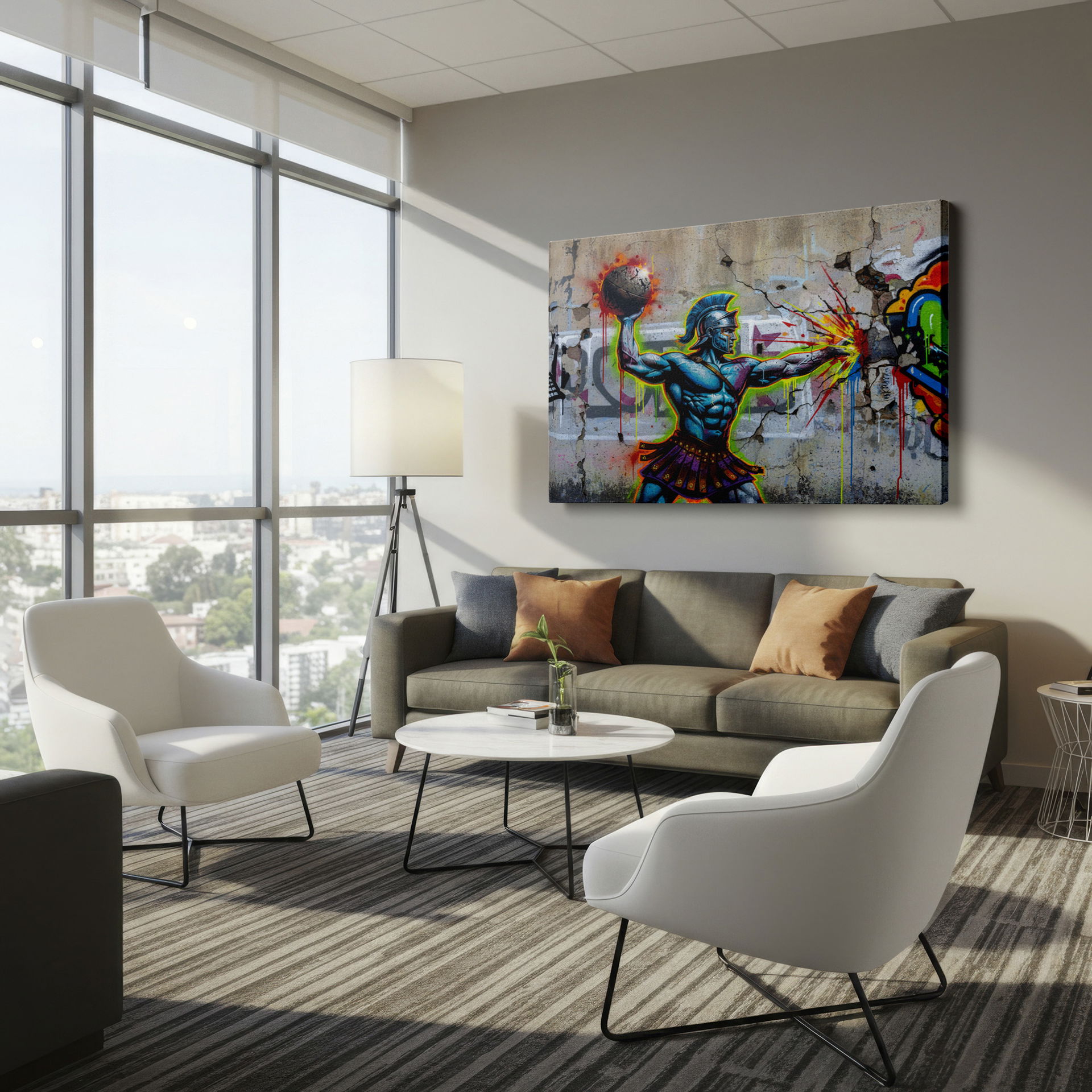 Graffiti-style wall art: blue warrior throwing a fiery ball against a distressed street art backdrop.