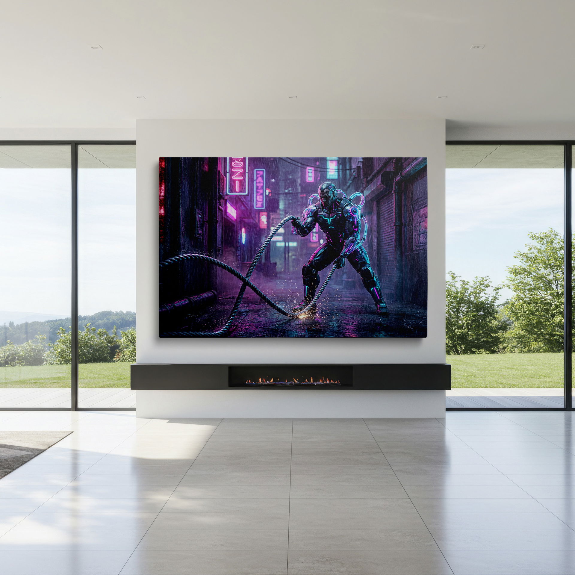 Cyberpunk art showing a strong athlete working in a neon-lit alley; a unique Wrapped Canvas.