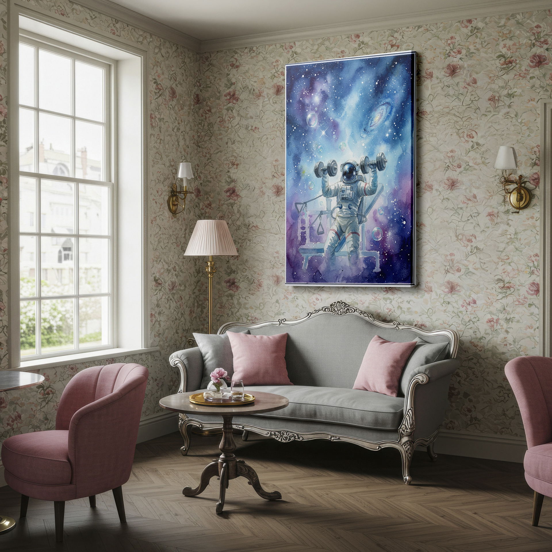 This Wrapped Canvas presents an astronaut training in a cosmic gym among the stars.