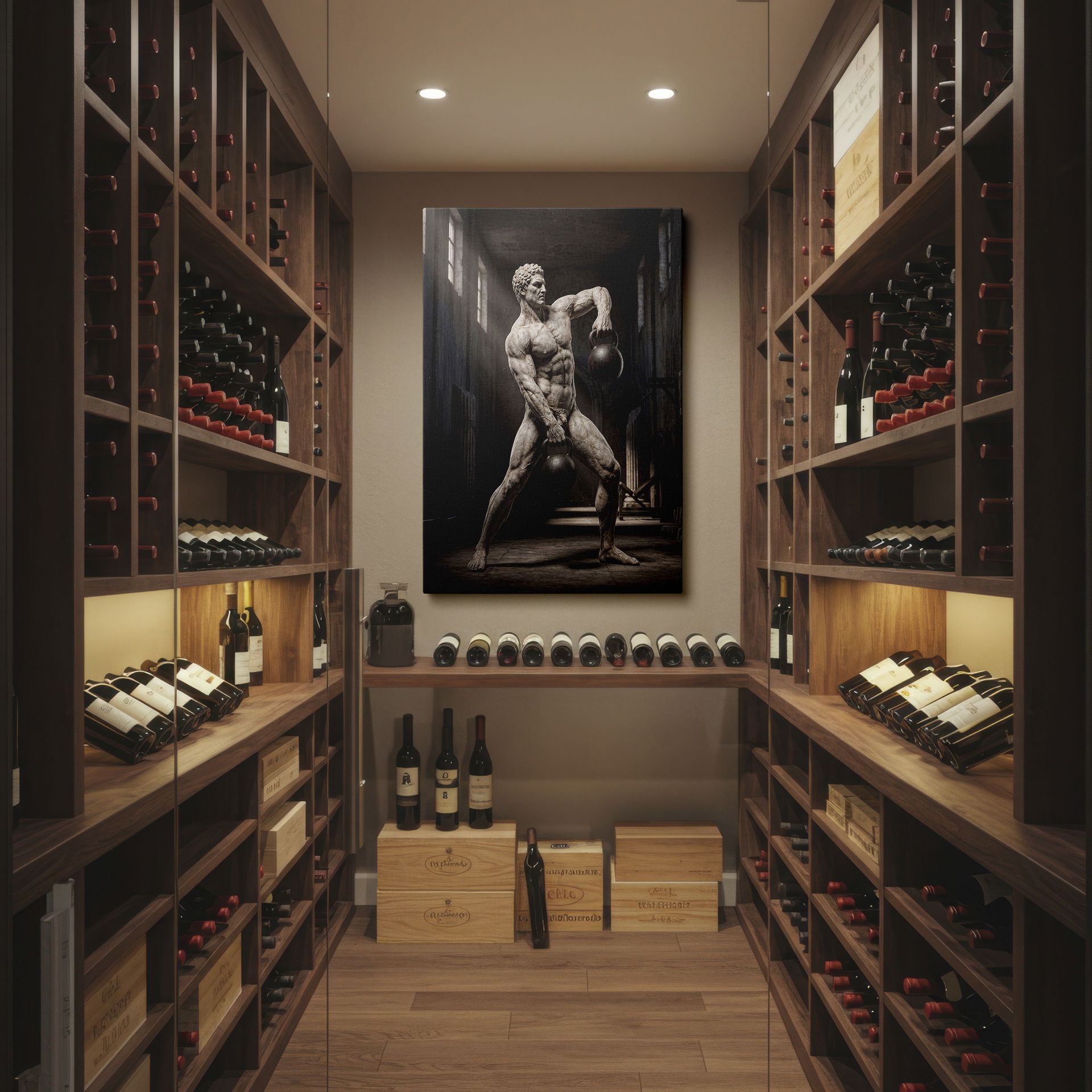 Intricate details of an athlete sculpture lifting weights as a powerful piece of Wrapped Canvas art.