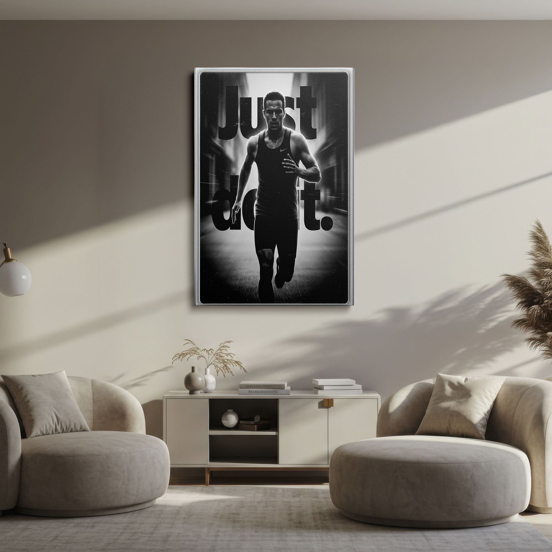 Inspirational wall art showcasing a runner with the powerful message 'Just Do It.'