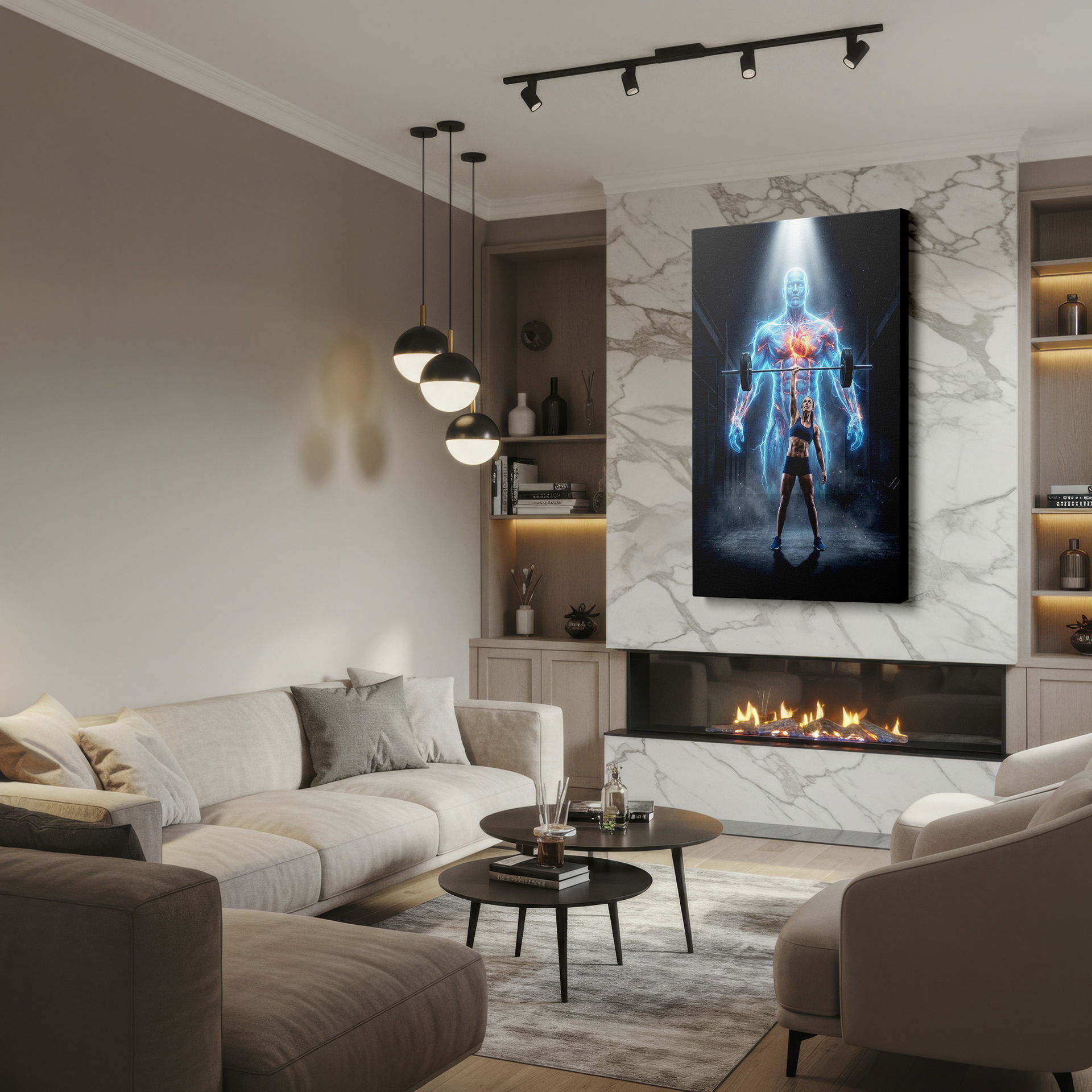 Depiction of a powerlifter with anatomical glow, perfect inspirational wall decor.