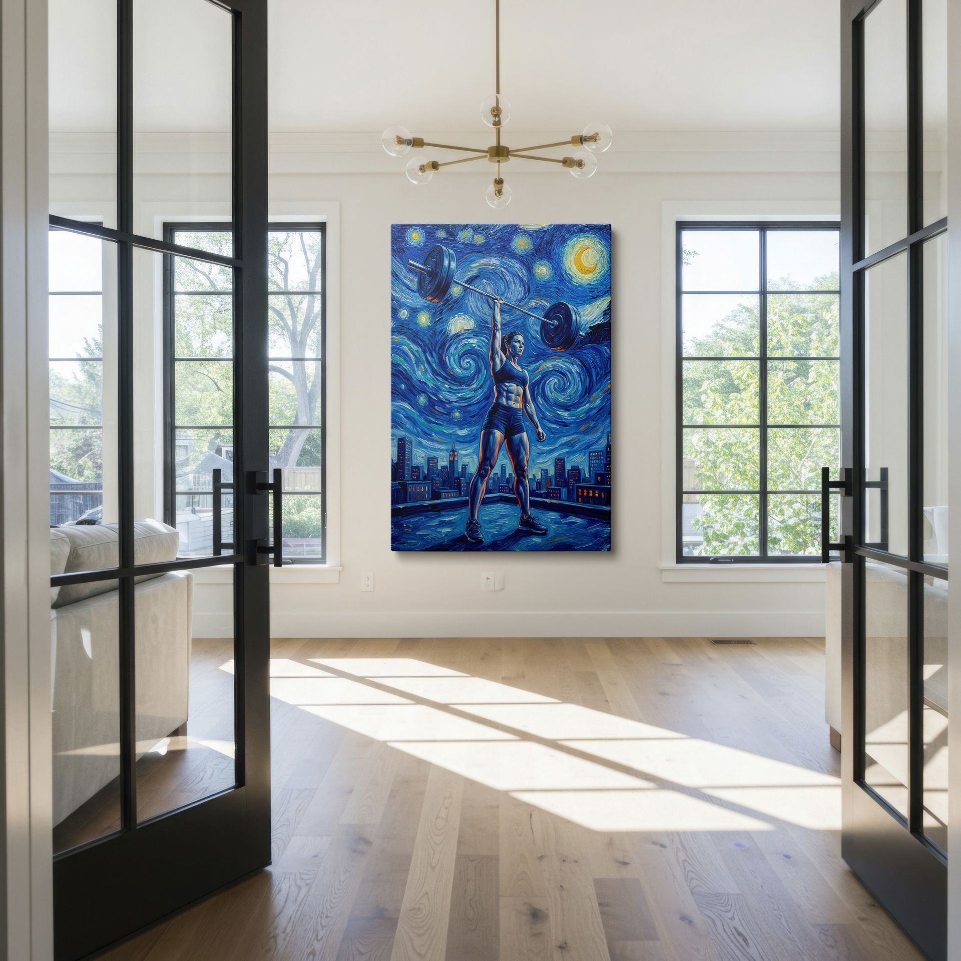 An athlete overhead pressing a barbell with the night sky above, perfect as unique wall art in the style of Starry Night.