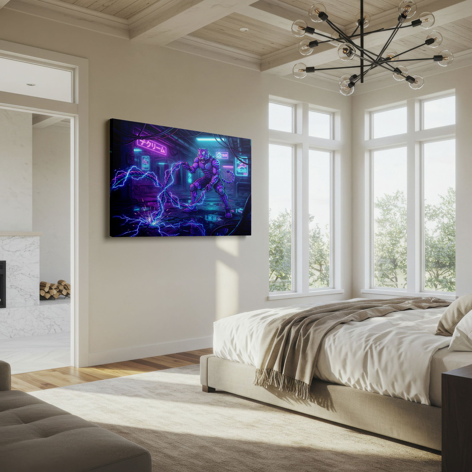 Neon-infused image depicting a tiger's intense rope workout in a futuristic gym setting; dynamic wall art.