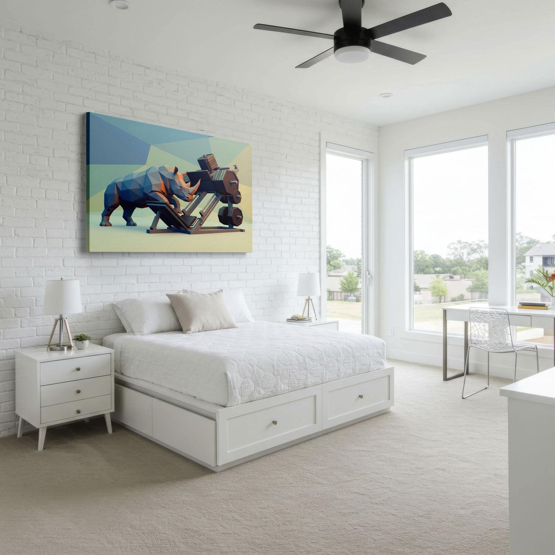 Unique rhino and gym equipment wall art; a fun piece for fitness enthusiasts.