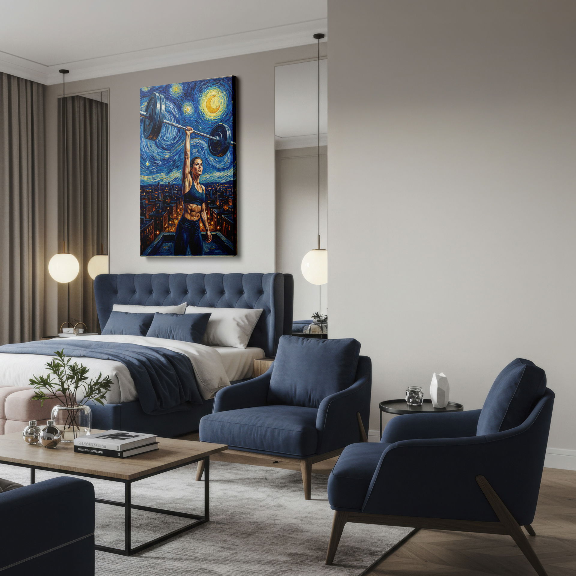 Wrapped Canvas: A woman performs a weightlift against a backdrop of a starlit city.