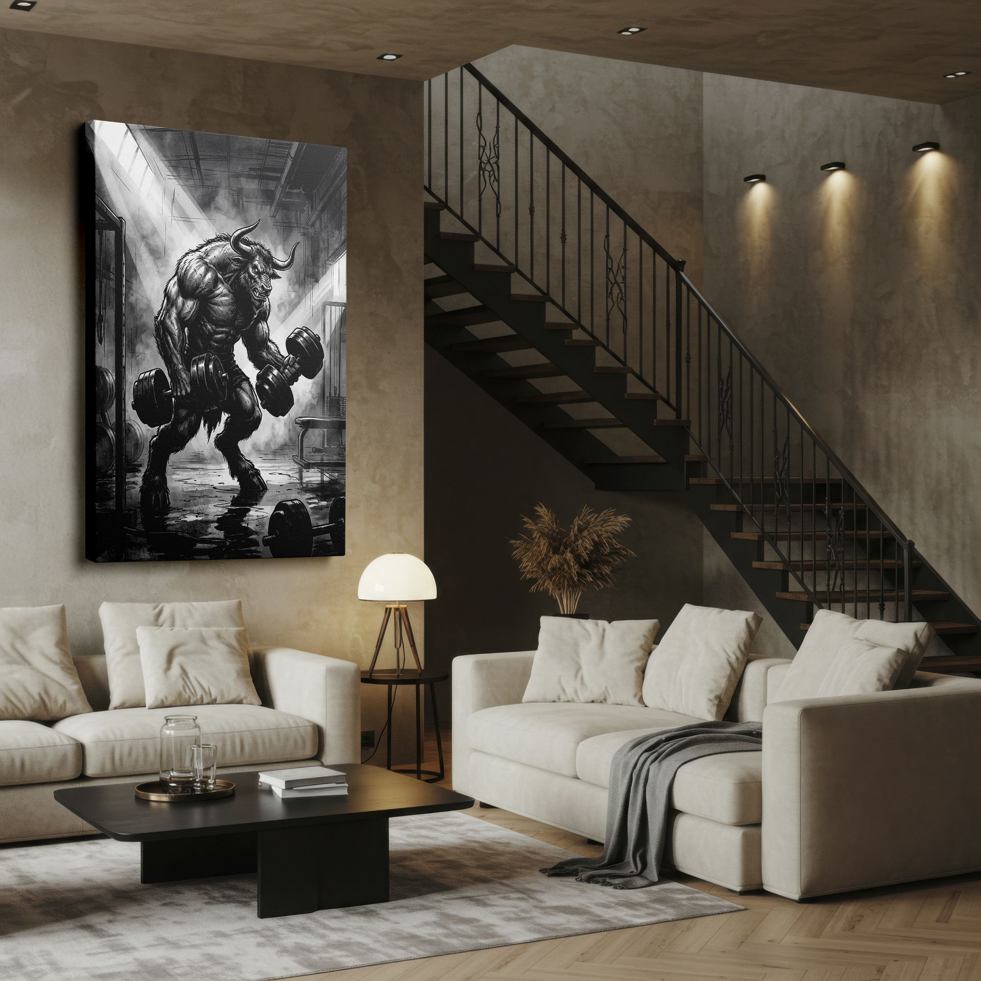 Gritty black and white wall art of a muscular Minotaur weightlifting with fierce focus in an urban gym, showing raw power.