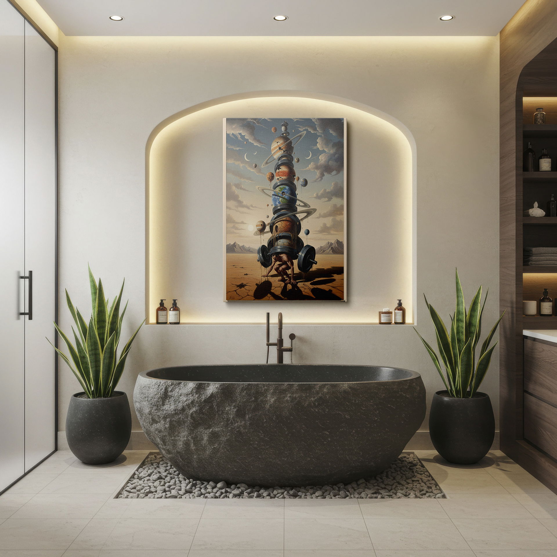 Intriguing surrealist Wrapped Canvas: a planetary weightlifter amid a desolate, ethereal setting.