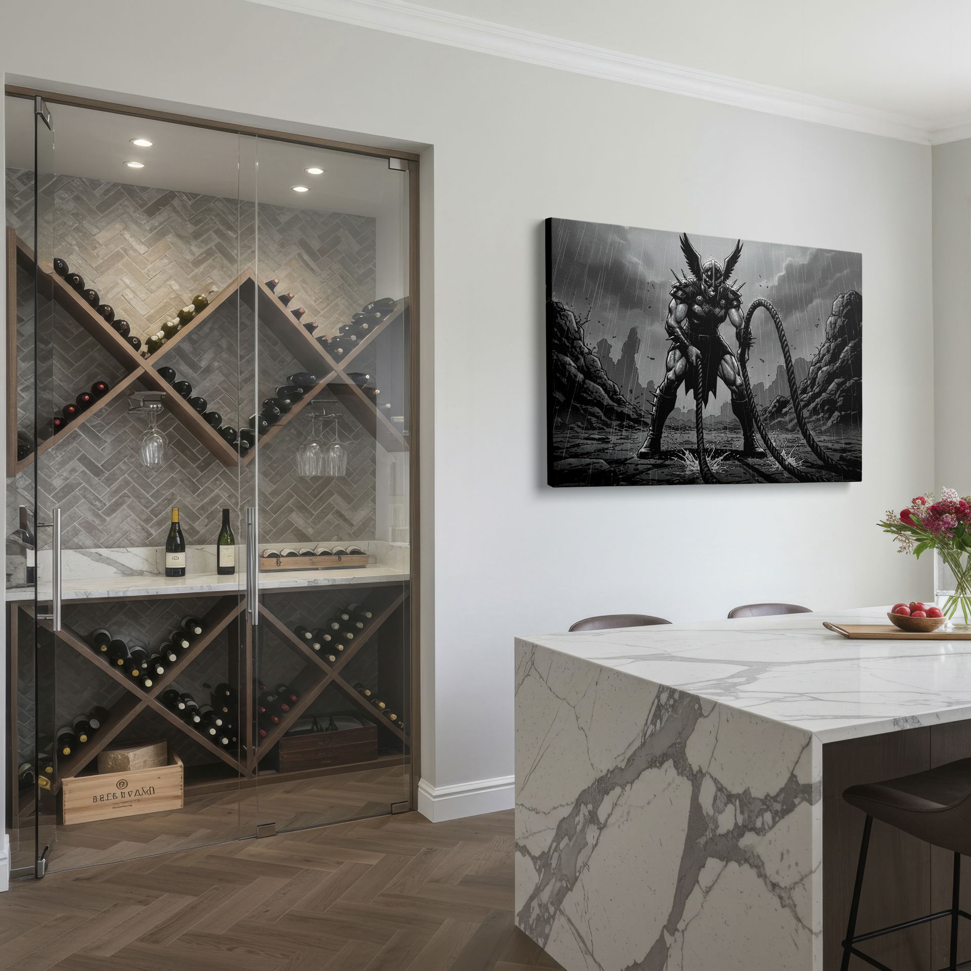 This impressive wall art captures a winged warrior against a stark, rocky background during a rainstorm.