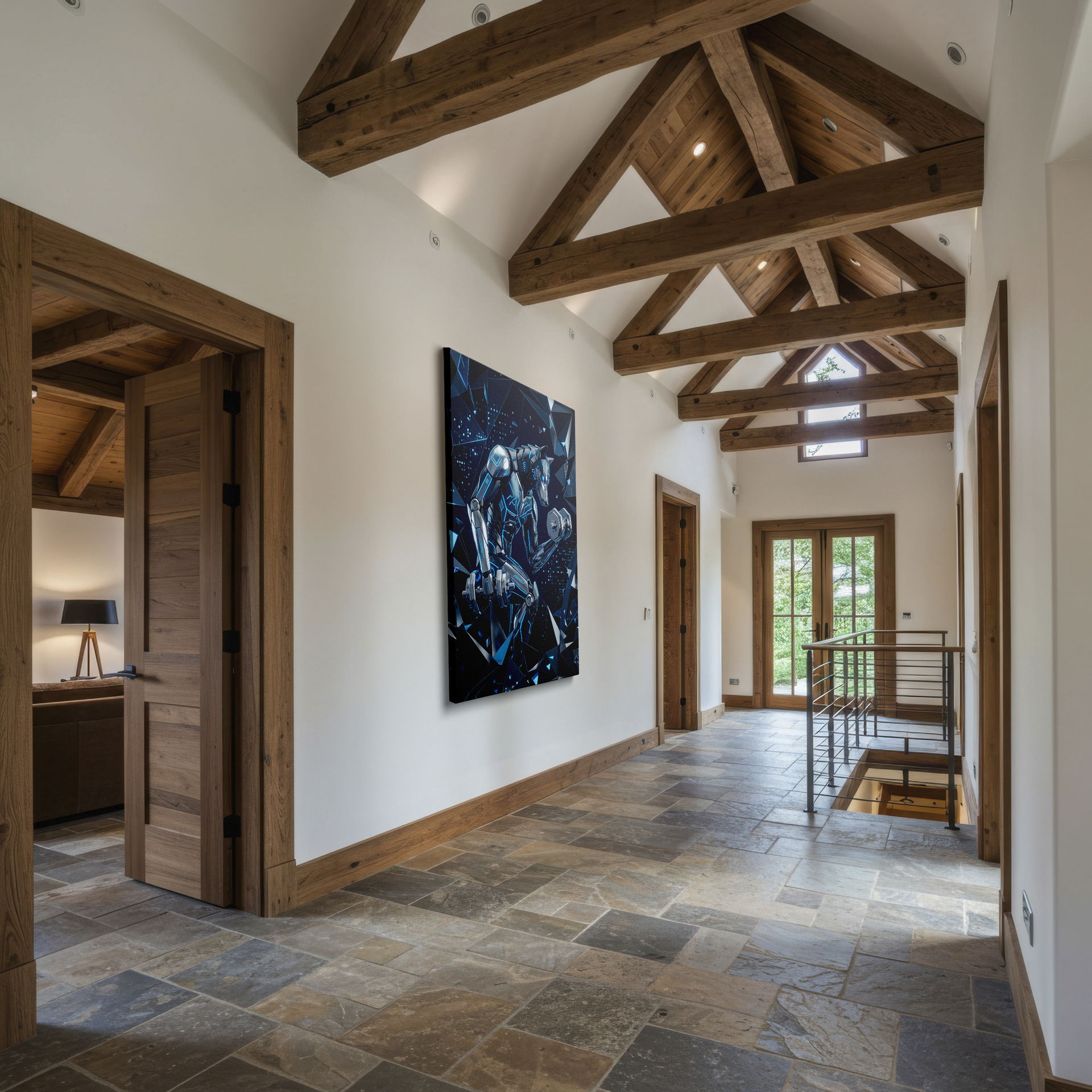 Robotic wolf shown lifting weights in a geometric blue and black landscape, available as Wrapped Canvas art.