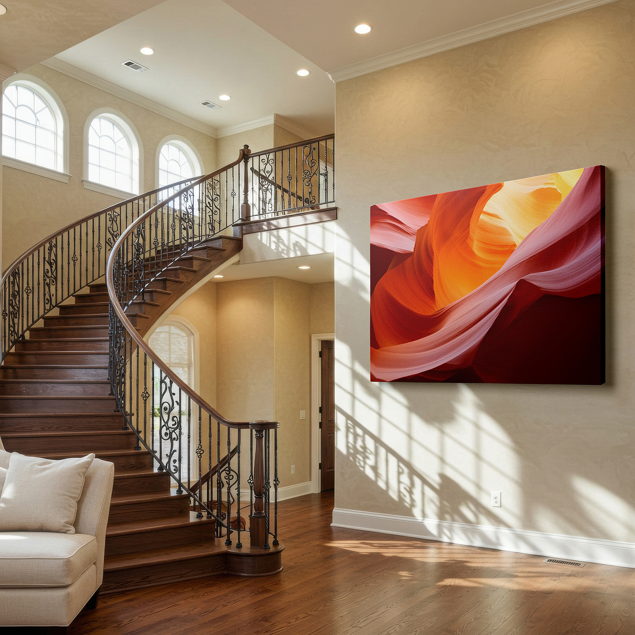 Aligned with a curated gallery wall of abstract artworks — abstract canyon essence: a symphony of light and texture - large canvas wall art for office and bedroom decor