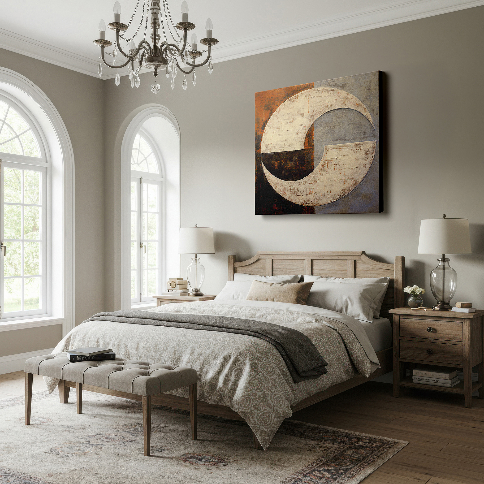 Aligned with a curated gallery wall of abstract artworks — abstract exploration of unity and separation: vibrant half-circle wall art for home and office decor