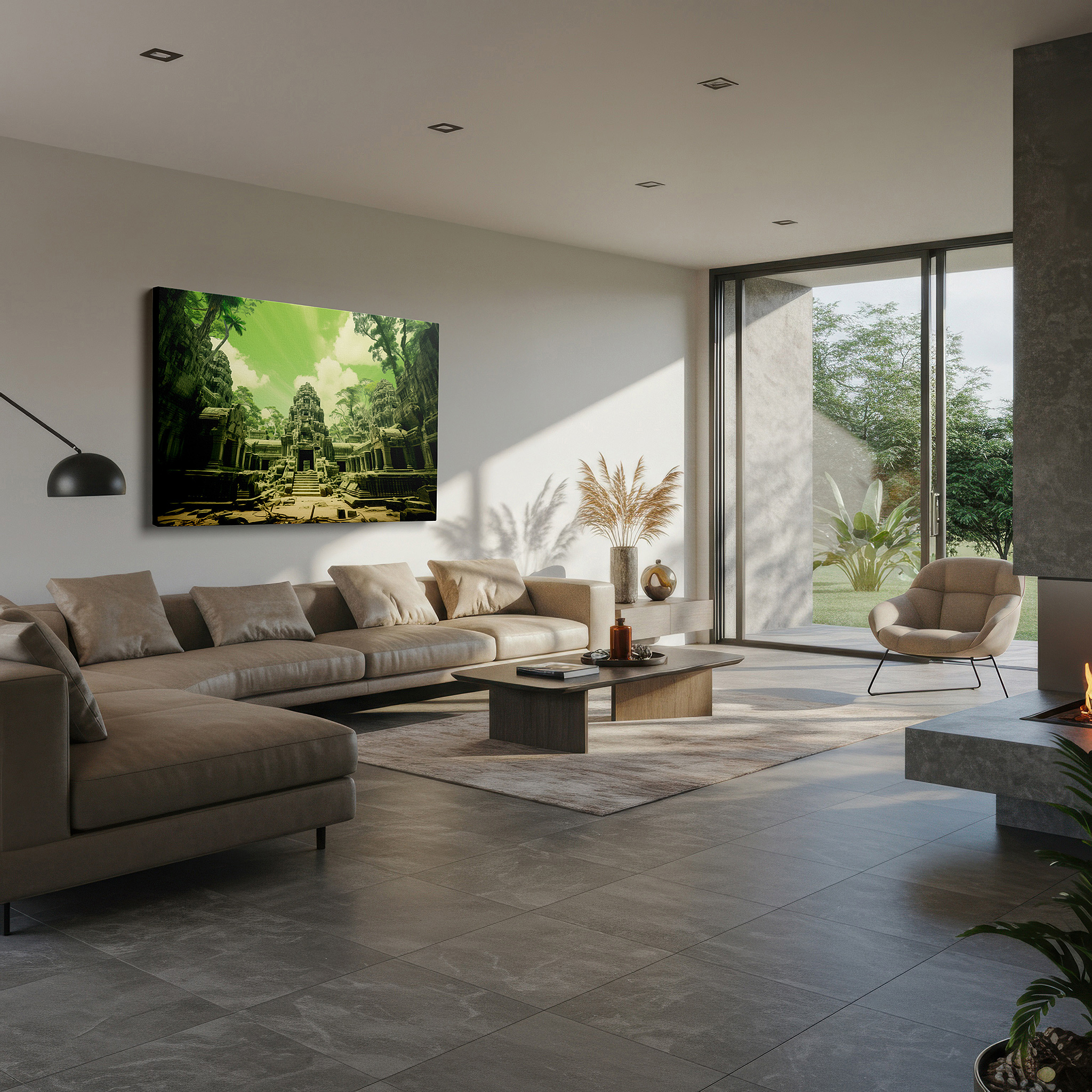 Aligned with a curated gallery wall of abstract artworks — ancient ruins surrounded by dense jungle: a tribute to time and the resilience of nature - large canvas wall art for office decor