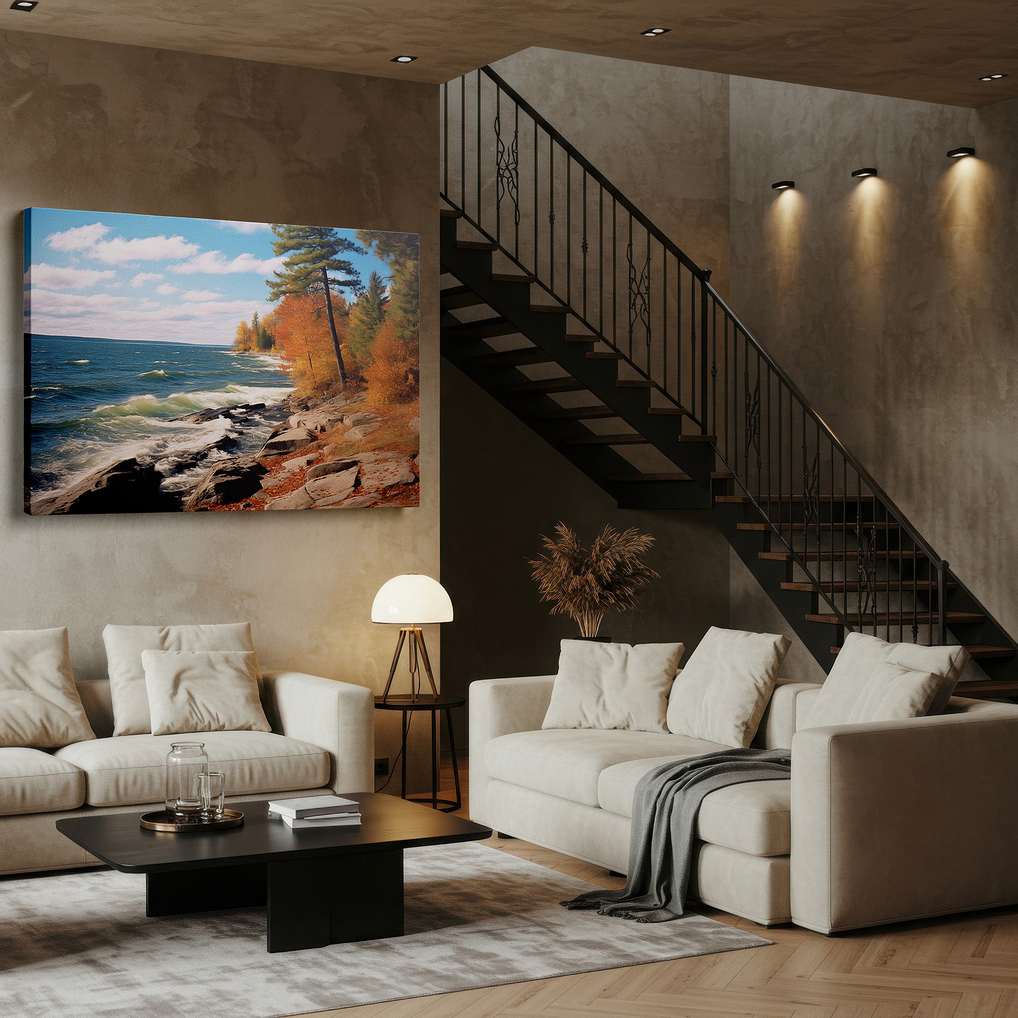 Aligned with a curated gallery wall of abstract artworks — autumnal serenity coastline, vibrant foliage over calm lake waters, large canvas wall art for office and bedroom decor