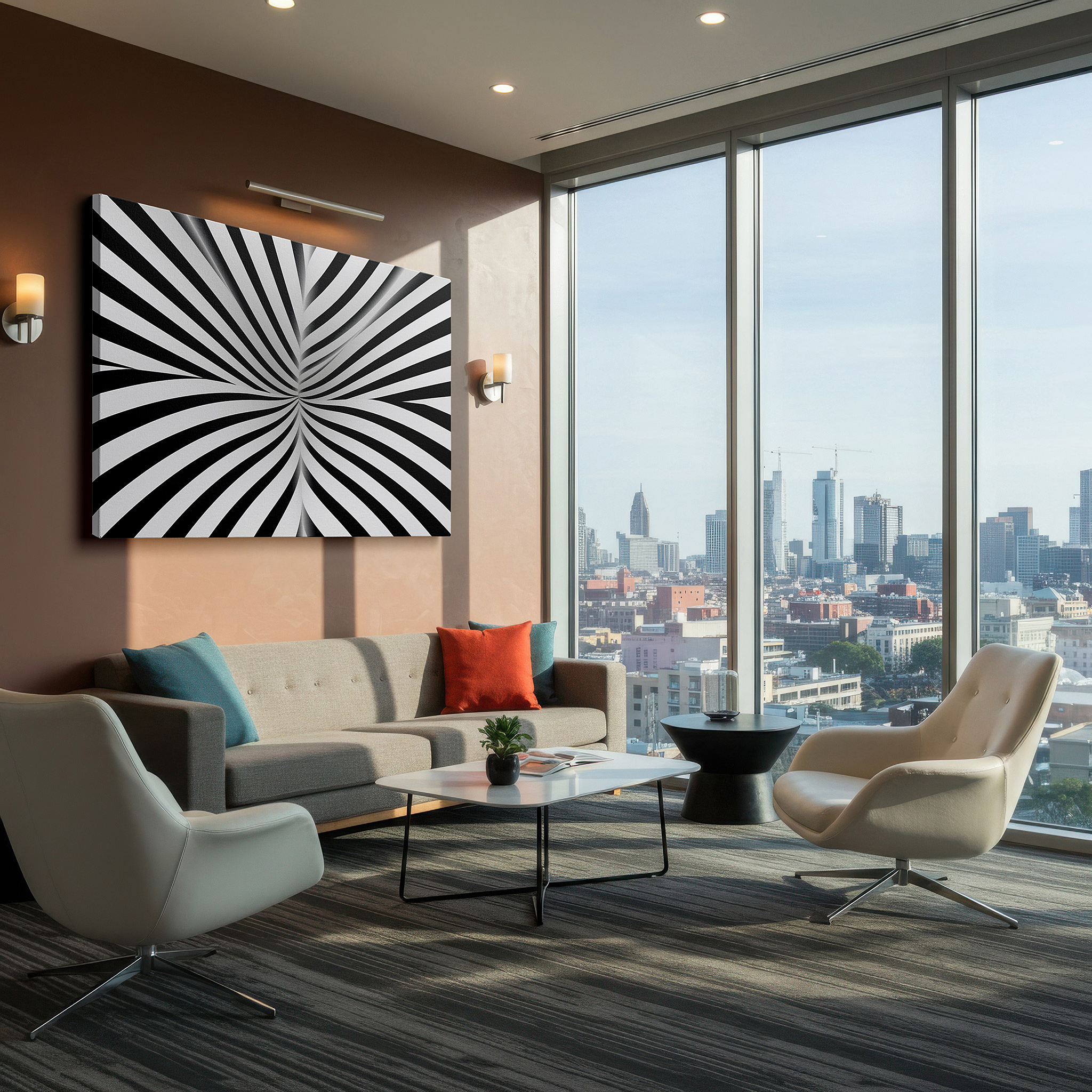Aligned with a curated gallery wall of abstract artworks — black and white hypnotic spiral, dynamic abstract vortex canvas, inspiring large wall art for office decor