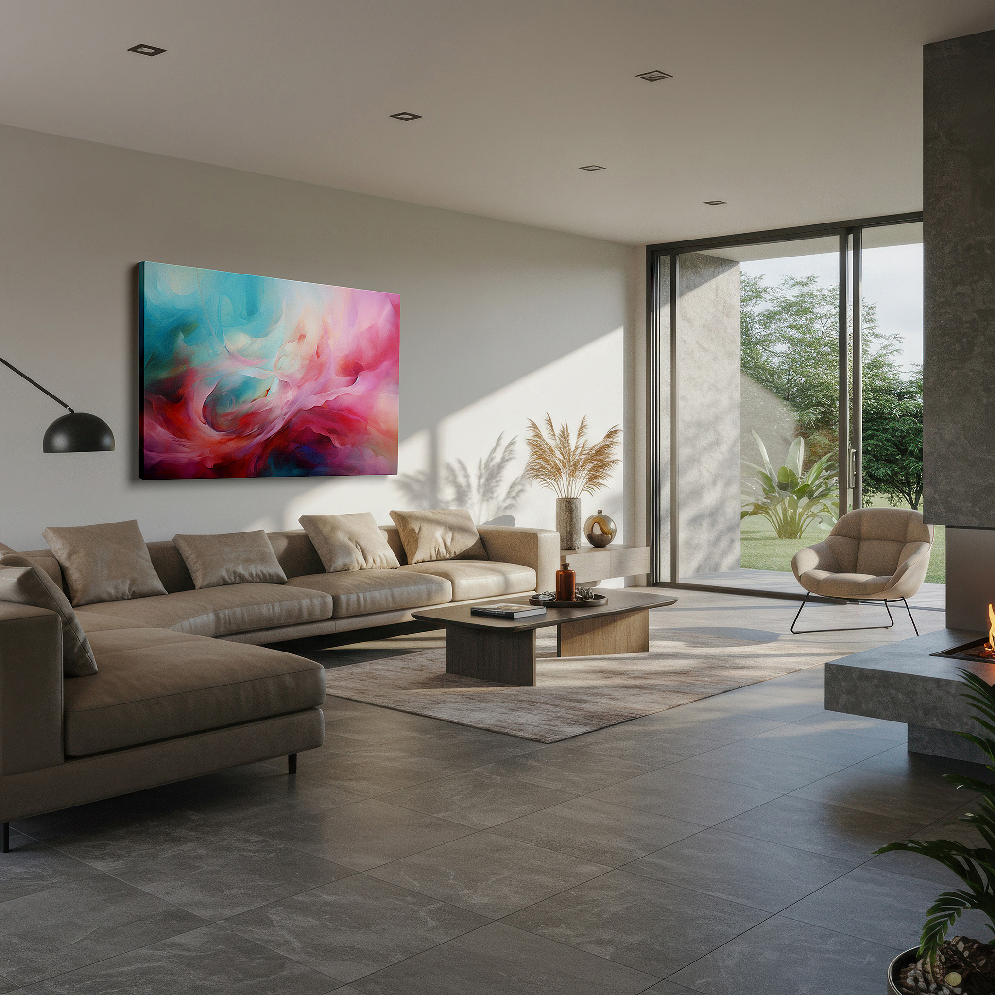 Aligned with a curated gallery wall of abstract artworks — blue and pink tranquil swirls: a serene and creative visual feast - large canvas wall art for office decor