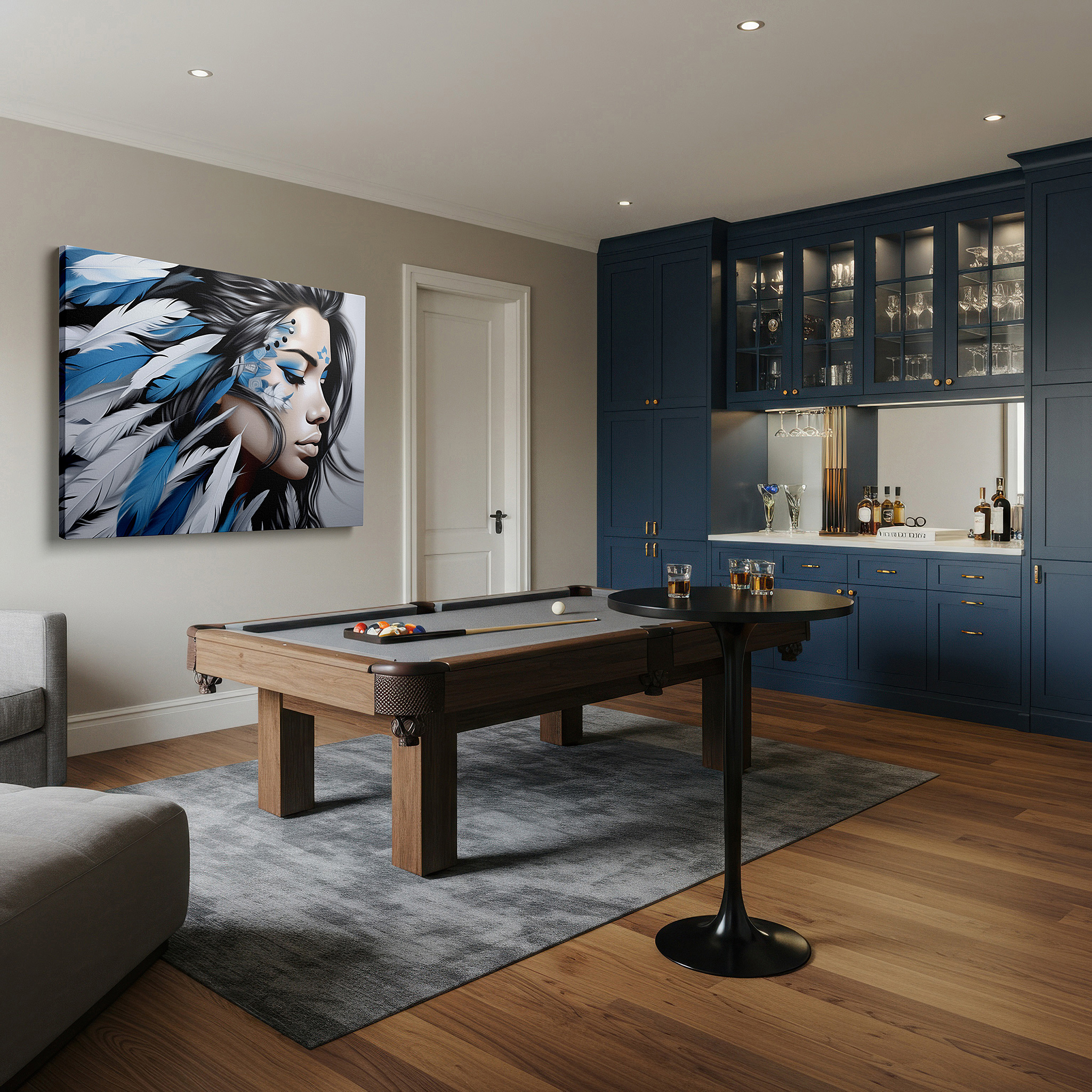 Aligned with a curated gallery wall of abstract artworks — blue and white serene elegance feathered headdress large canvas wall art for office, bedroom, and living room decor