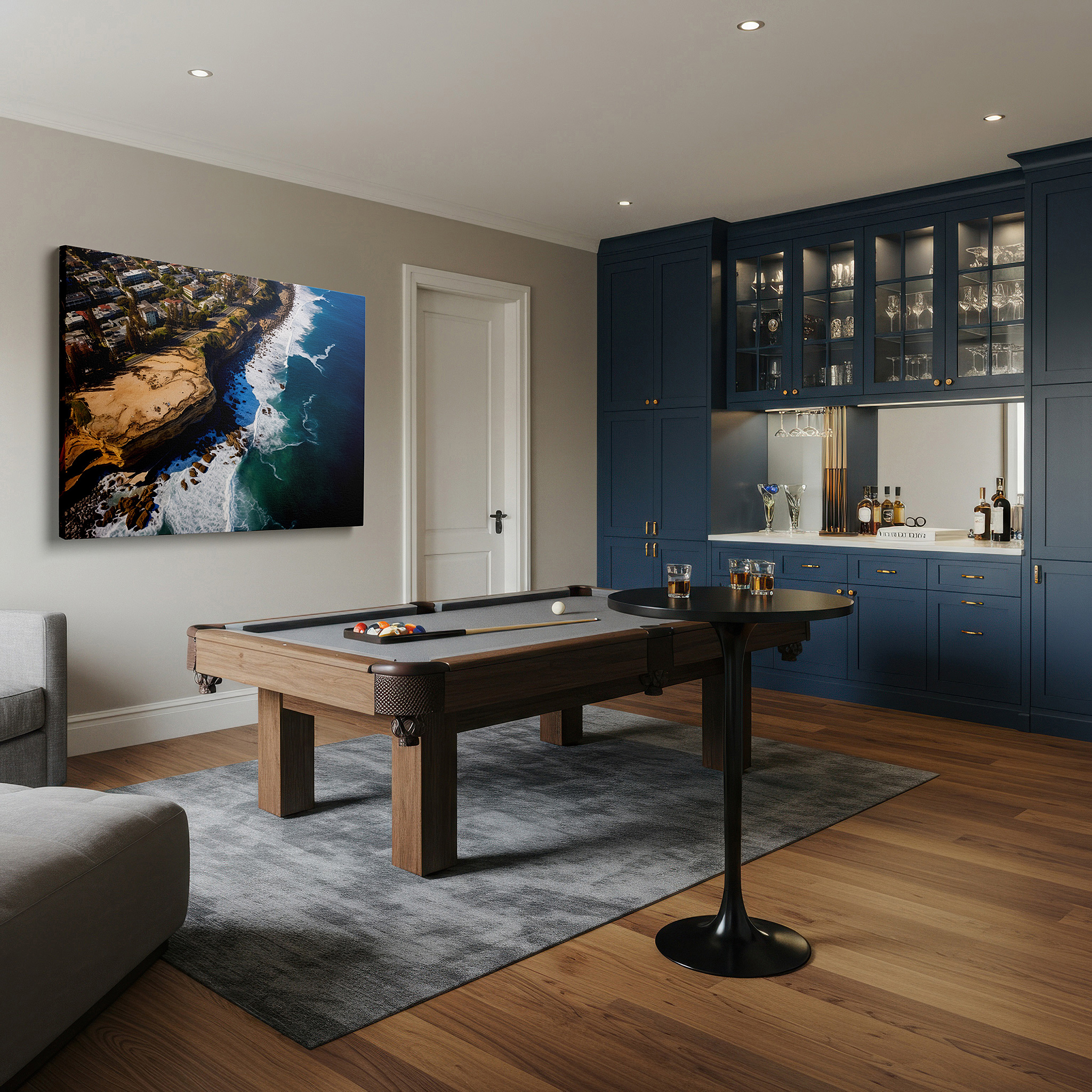 Aligned with a curated gallery wall of abstract artworks — coastal cliffs and urban borders - the vibrant interaction between nature and civilization: large wall art, canvas, decor for office and bedroom