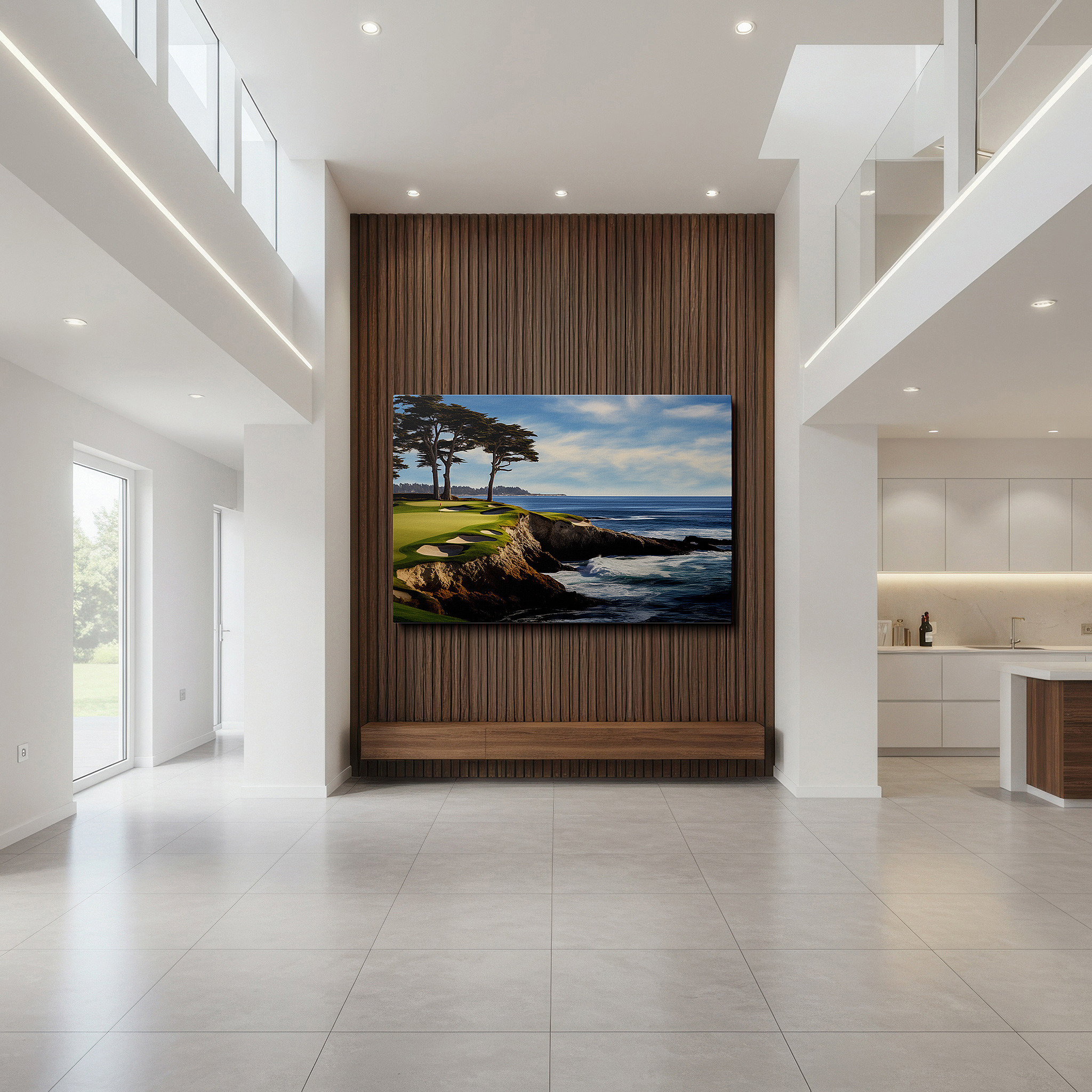 Aligned with a curated gallery wall of abstract artworks — coastal golf course wall art: elegant cliffs and sparkling seas - large canvas for home and office decor, perfect for living room and bedroom