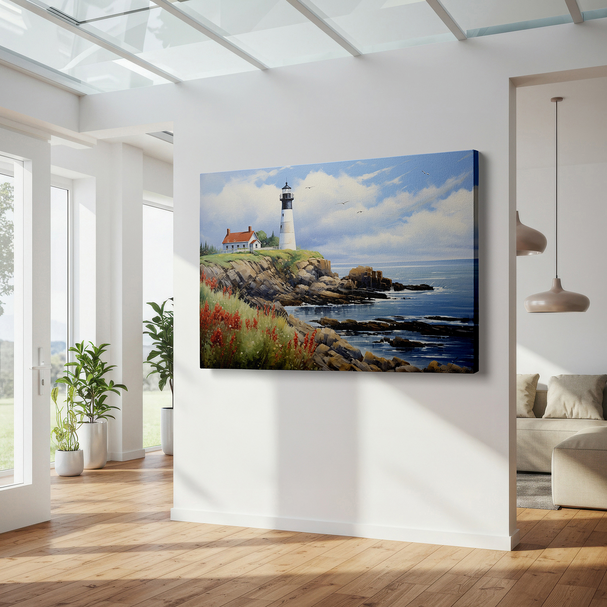 Aligned with a curated gallery wall of abstract artworks — coastal lighthouse on a rugged cliff - tranquil beacon amidst nature's wild beauty: large wall art, canvas, wall decor for office