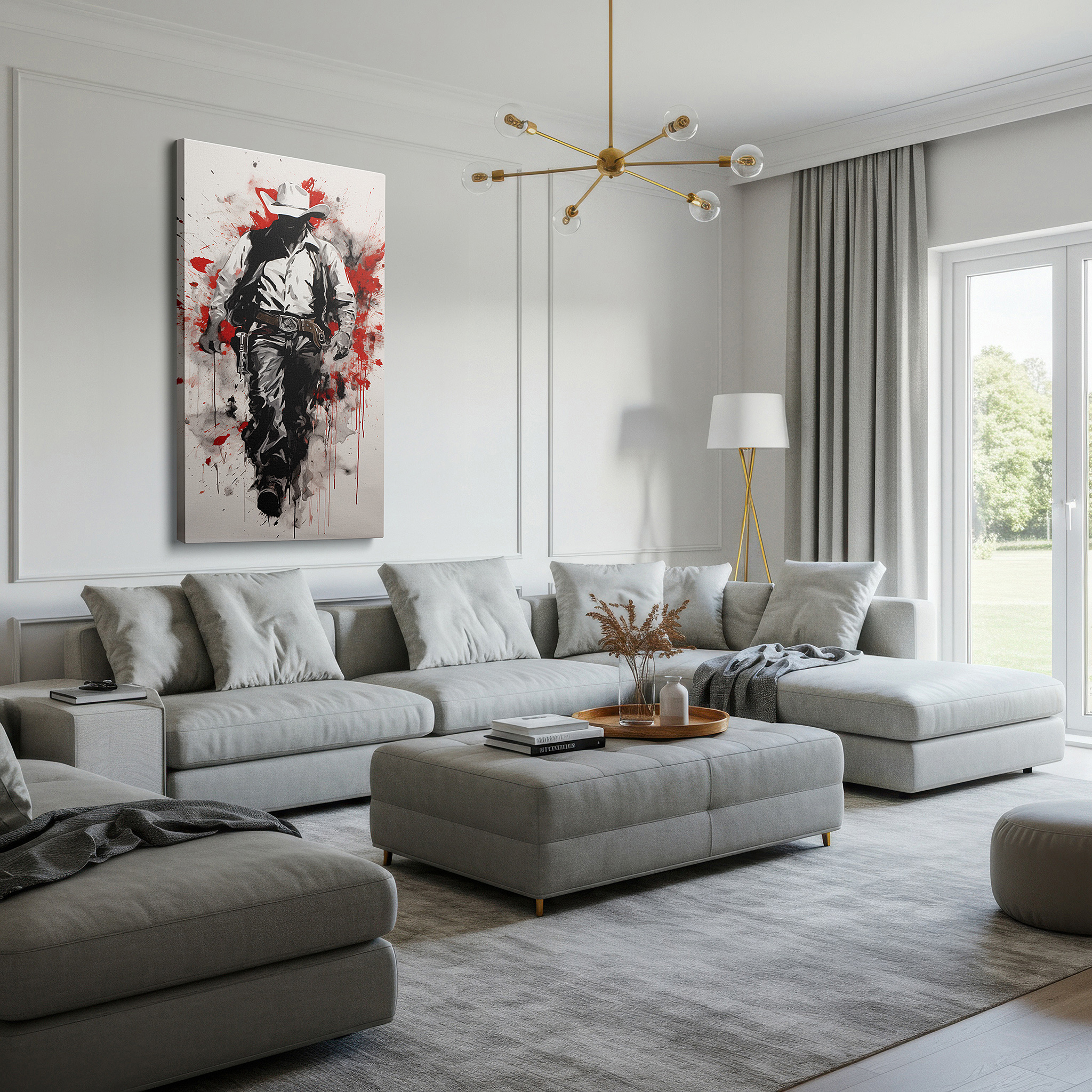 Aligned with a curated gallery wall of abstract artworks — cowboy confidence in fiery red: a vivid american west expression - large wall art, canvas wall art, wall decor for office and bedroom