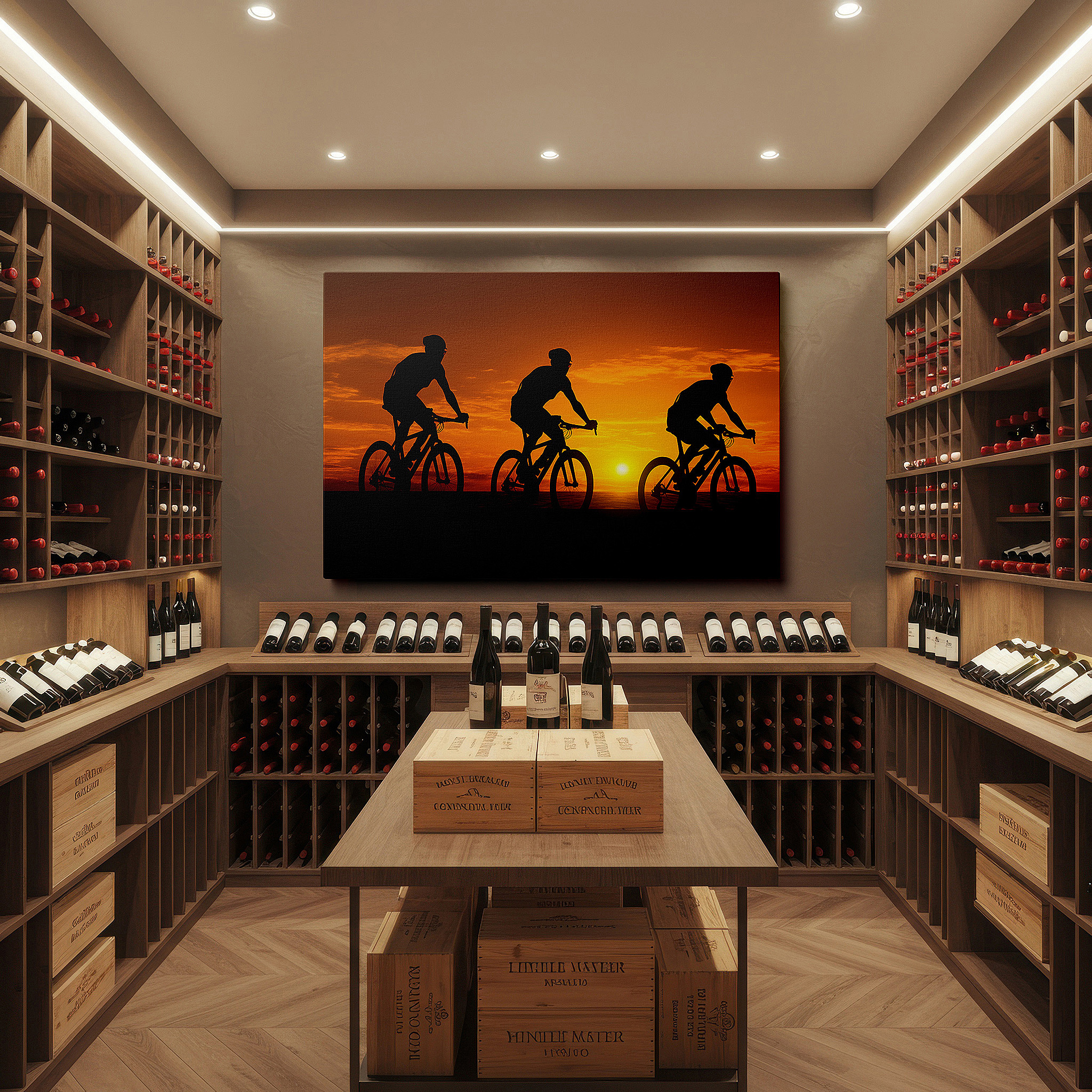 Aligned with a curated gallery wall of abstract artworks — cyclists at sunset: essence of movement and freedom - large canvas wall art for home and office decor