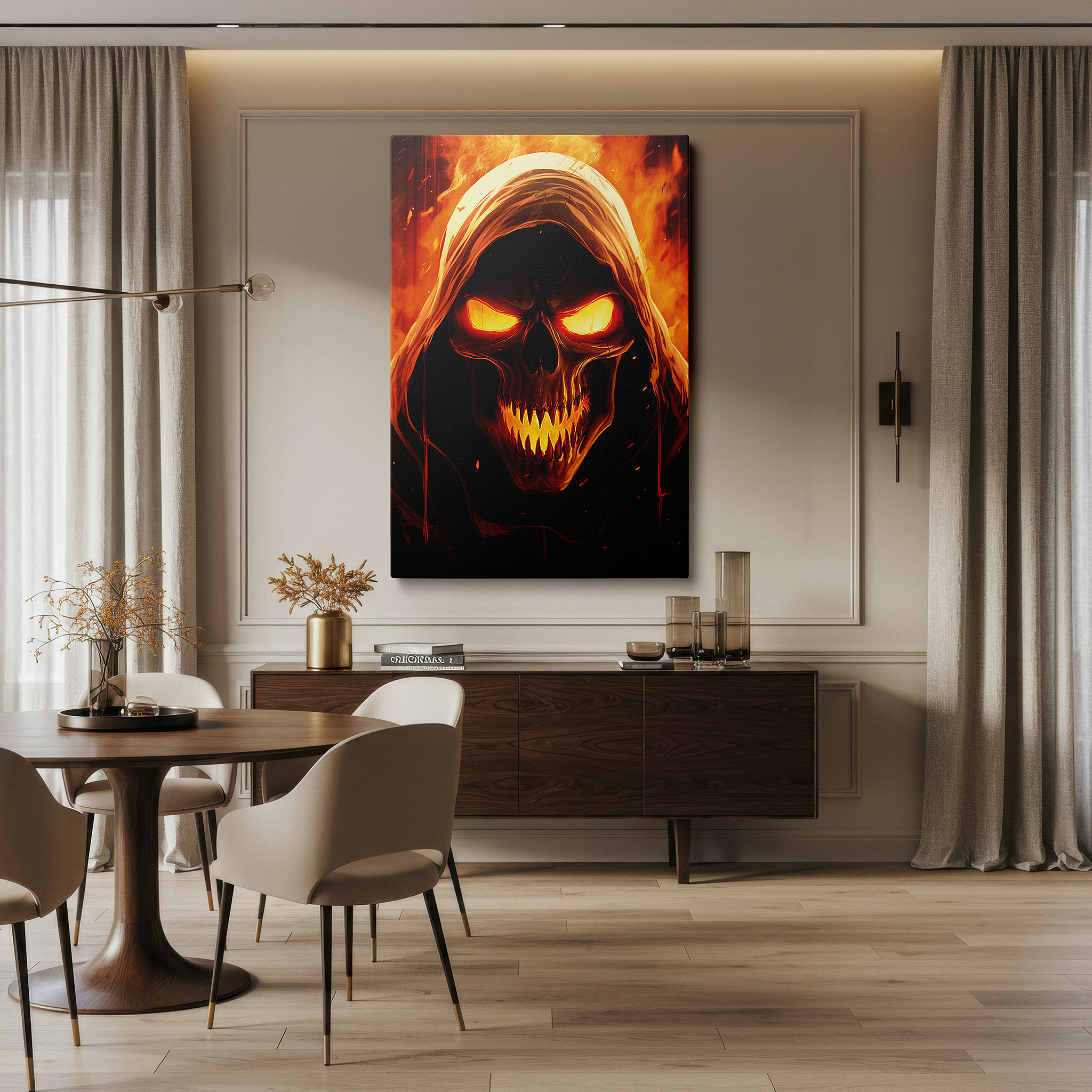 Aligned with a curated gallery wall of abstract artworks — dance of death and passion in flames wall art, large canvas decor for office, bedroom, and living room