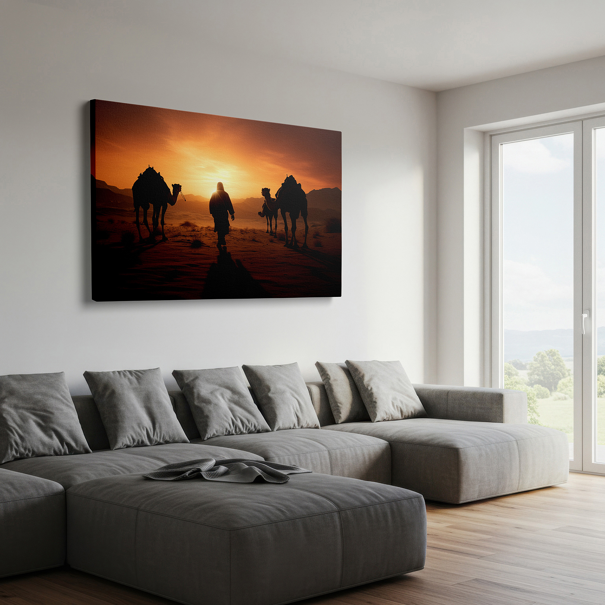 Aligned with a curated gallery wall of abstract artworks — desert sunset caravan wall art: camels crossing the horizon, tranquil journey scene, large canvas for home and office decor, perfect for living room and bedroom