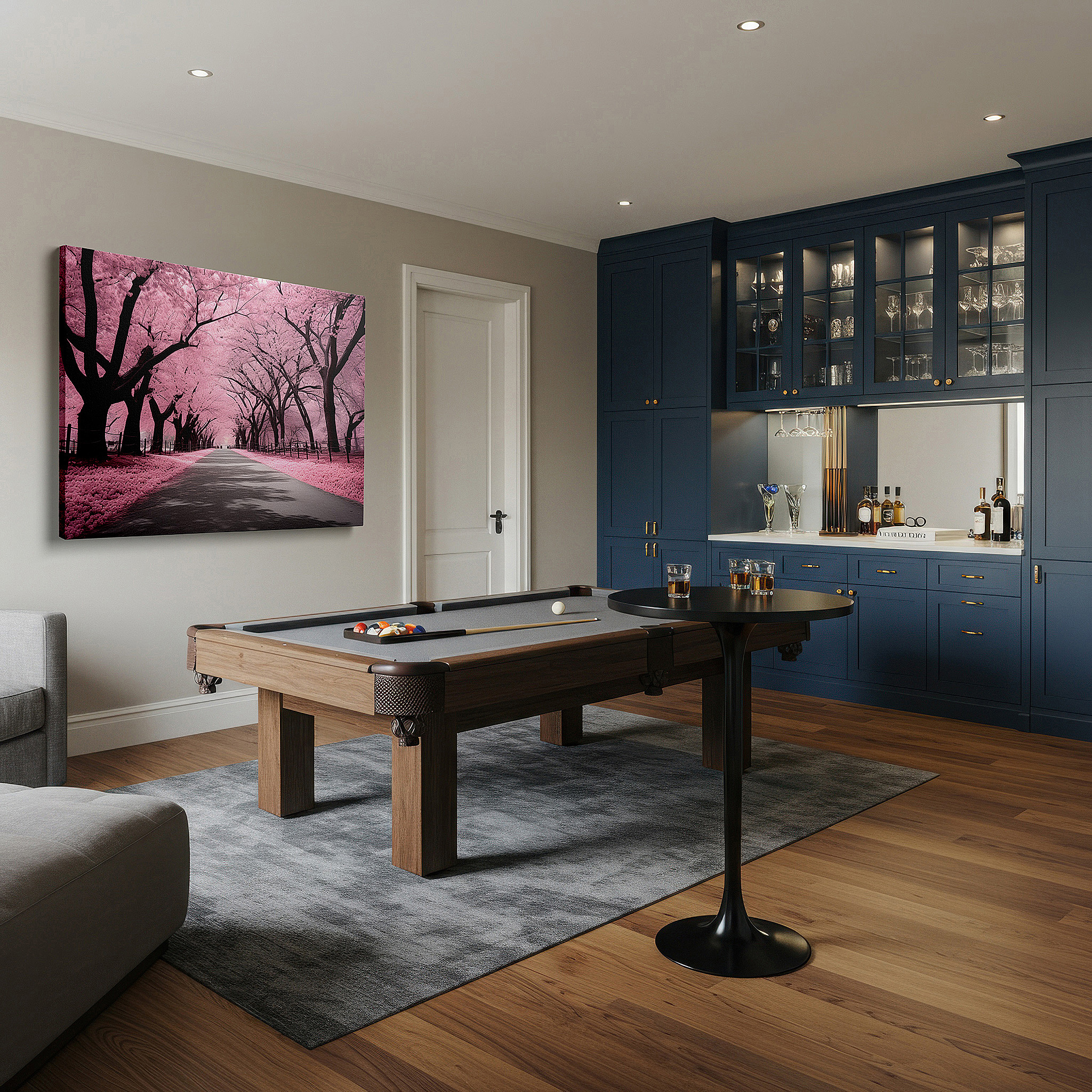 Aligned with a curated gallery wall of abstract artworks — dreamy pink cherry blossom pathway large canvas wall art for office, bedroom, and living room decor