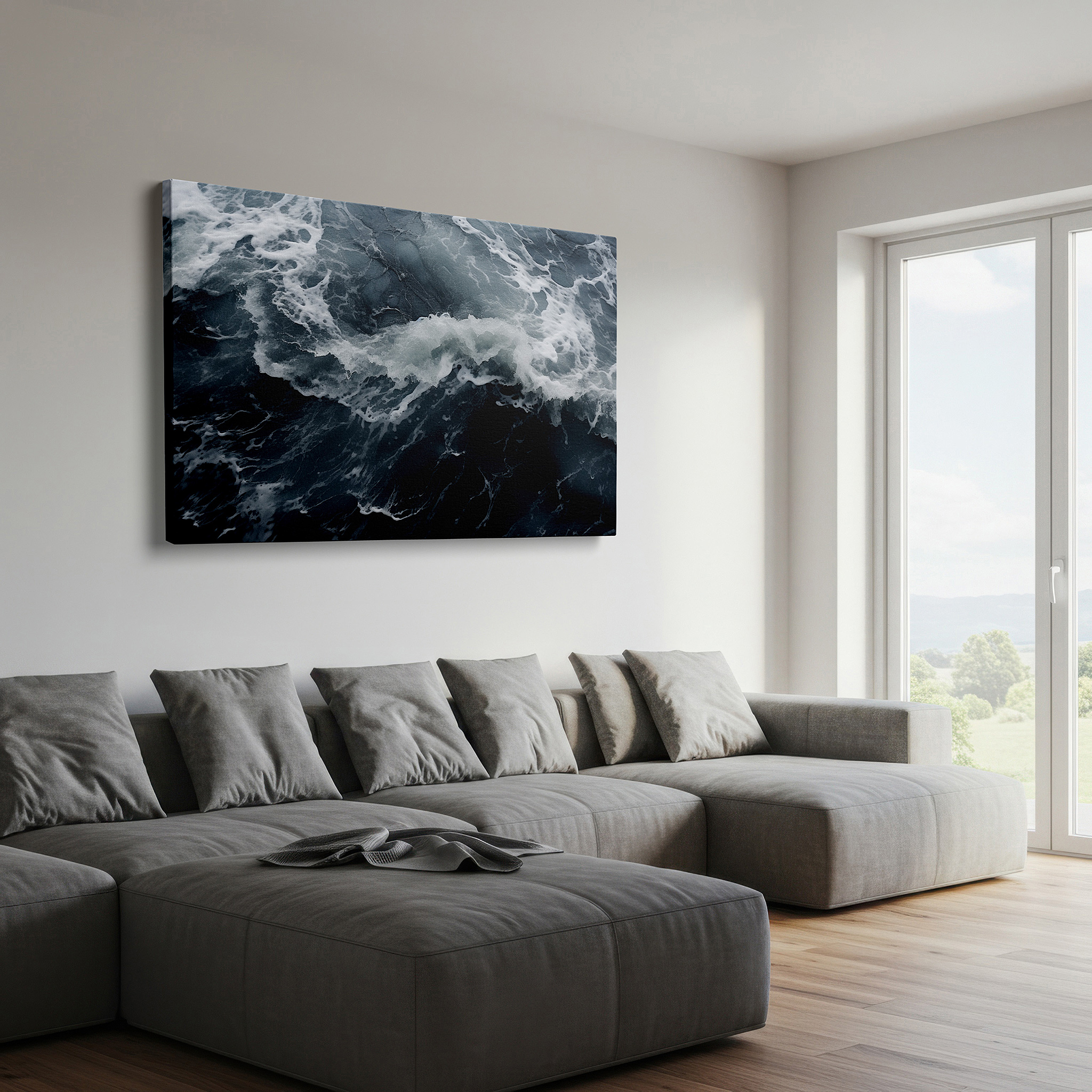 Aligned with a curated gallery wall of abstract artworks — dynamic ocean majesty: tranquil yet powerful waves colliding - large canvas wall art for office decor