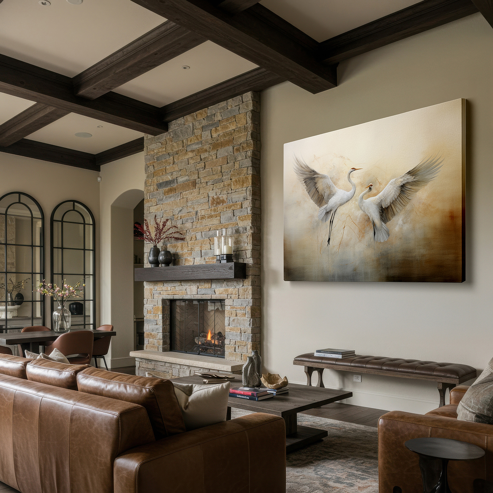 Aligned with a curated gallery wall of abstract artworks — elegant cranes soaring, a peaceful blend of beauty and calmness - large wall art, canvas wall art, wall decor for office and bedroom