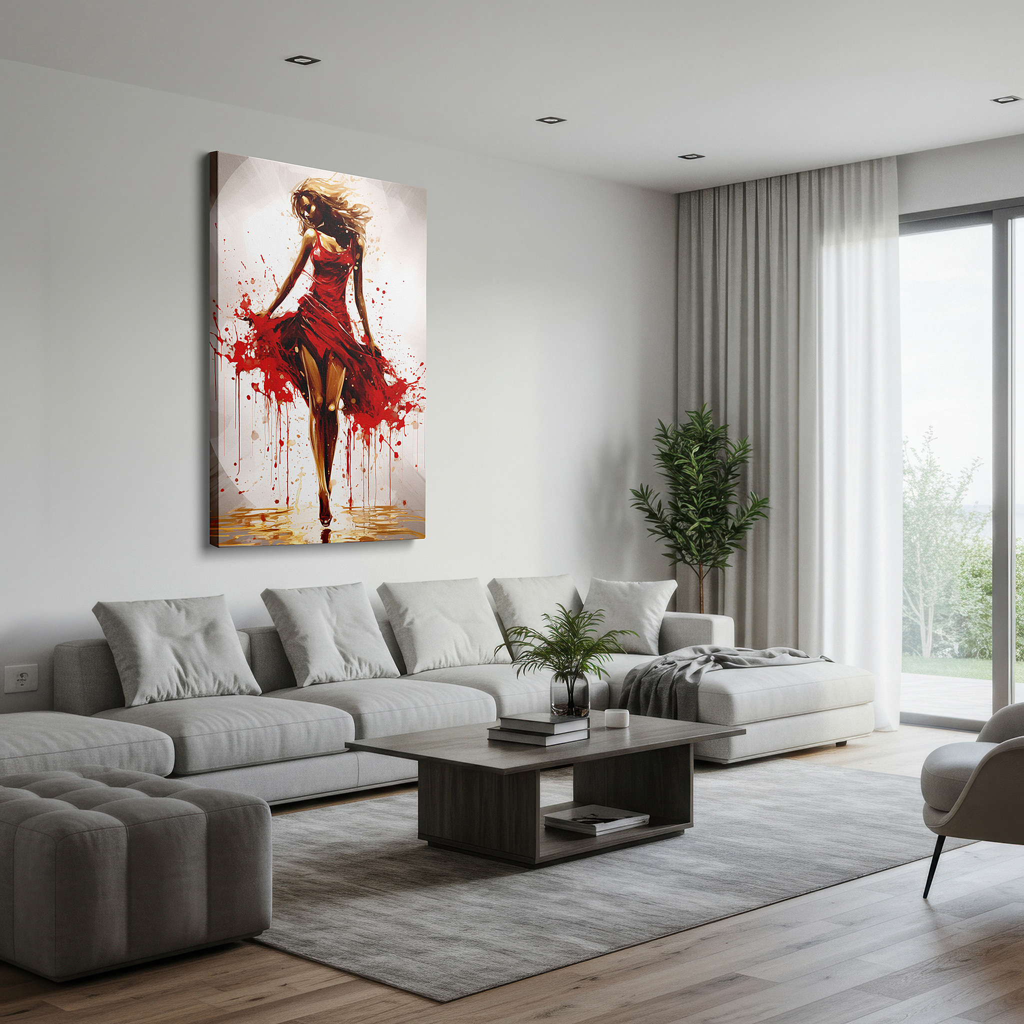Aligned with a curated gallery wall of abstract artworks — elegant red captivation: a symbol of feminine strength and creative energy - large wall art, canvas wall art, wall decor for office and bedroom