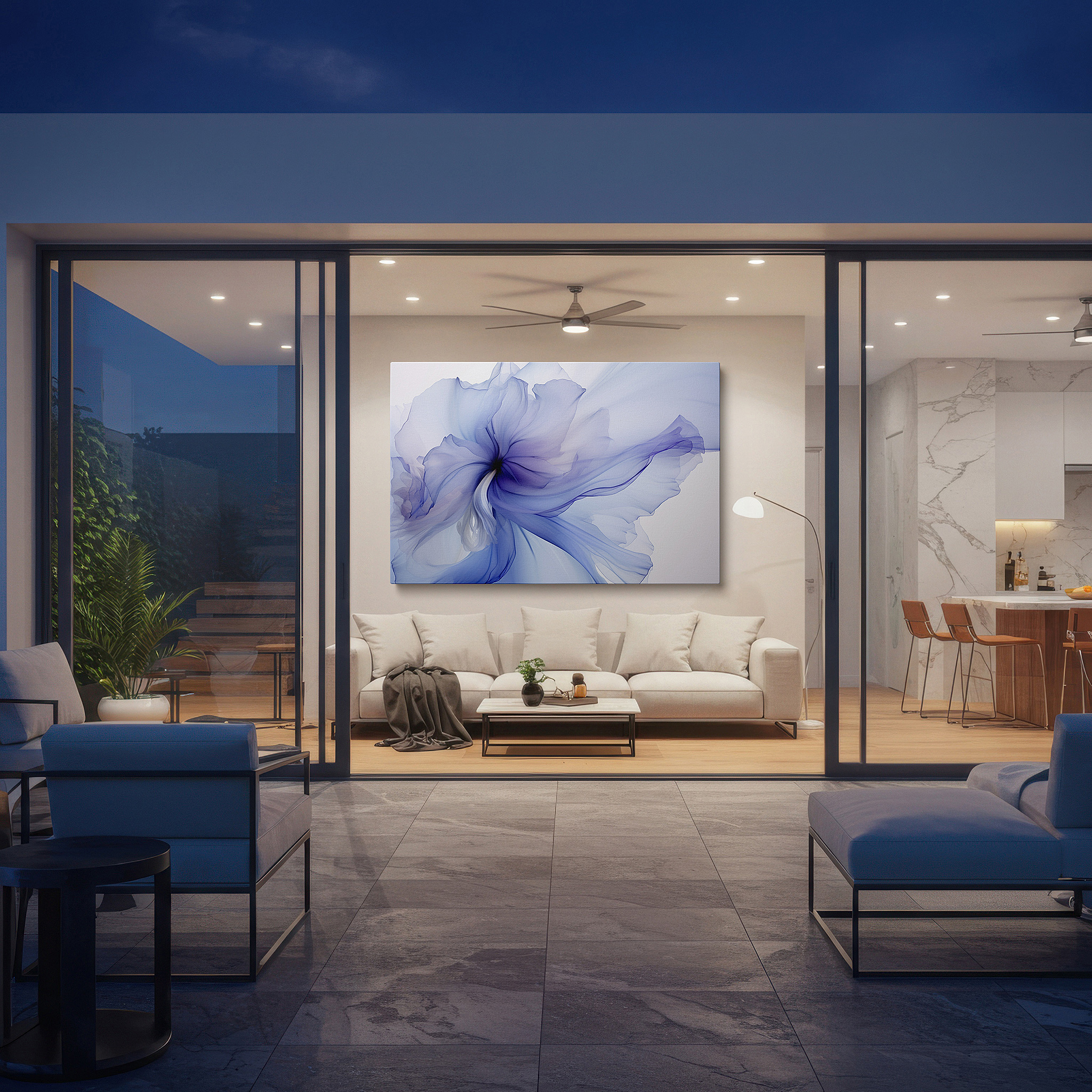 Aligned with a curated gallery wall of abstract artworks — enchanting abstract blue flower: elegant and tranquil large wall art, canvas decor for offices and bedrooms