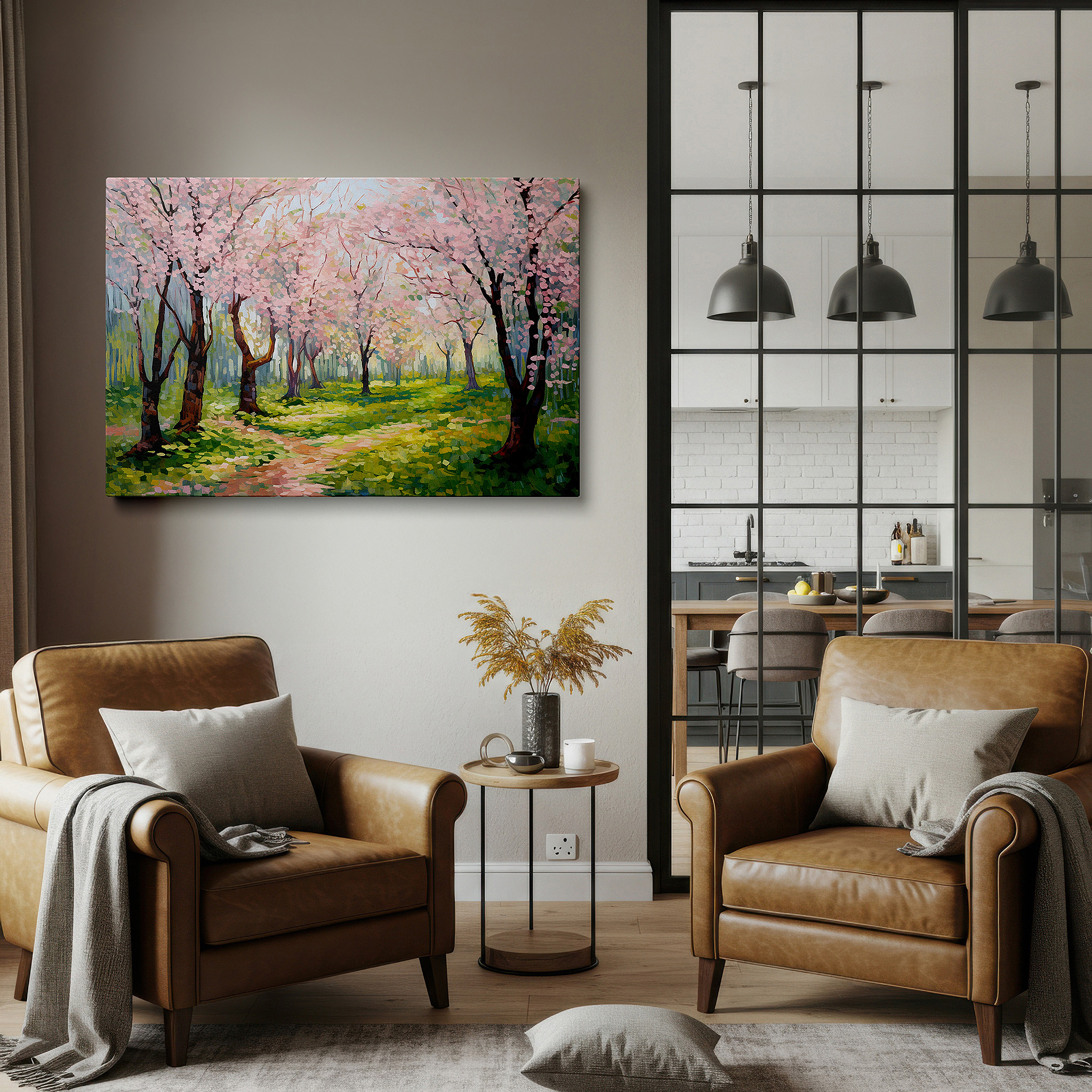 Aligned with a curated gallery wall of abstract artworks — enchanting cherry blossoms along a peaceful park path illuminated by gentle sunlight - large canvas wall art for office and bedroom decor