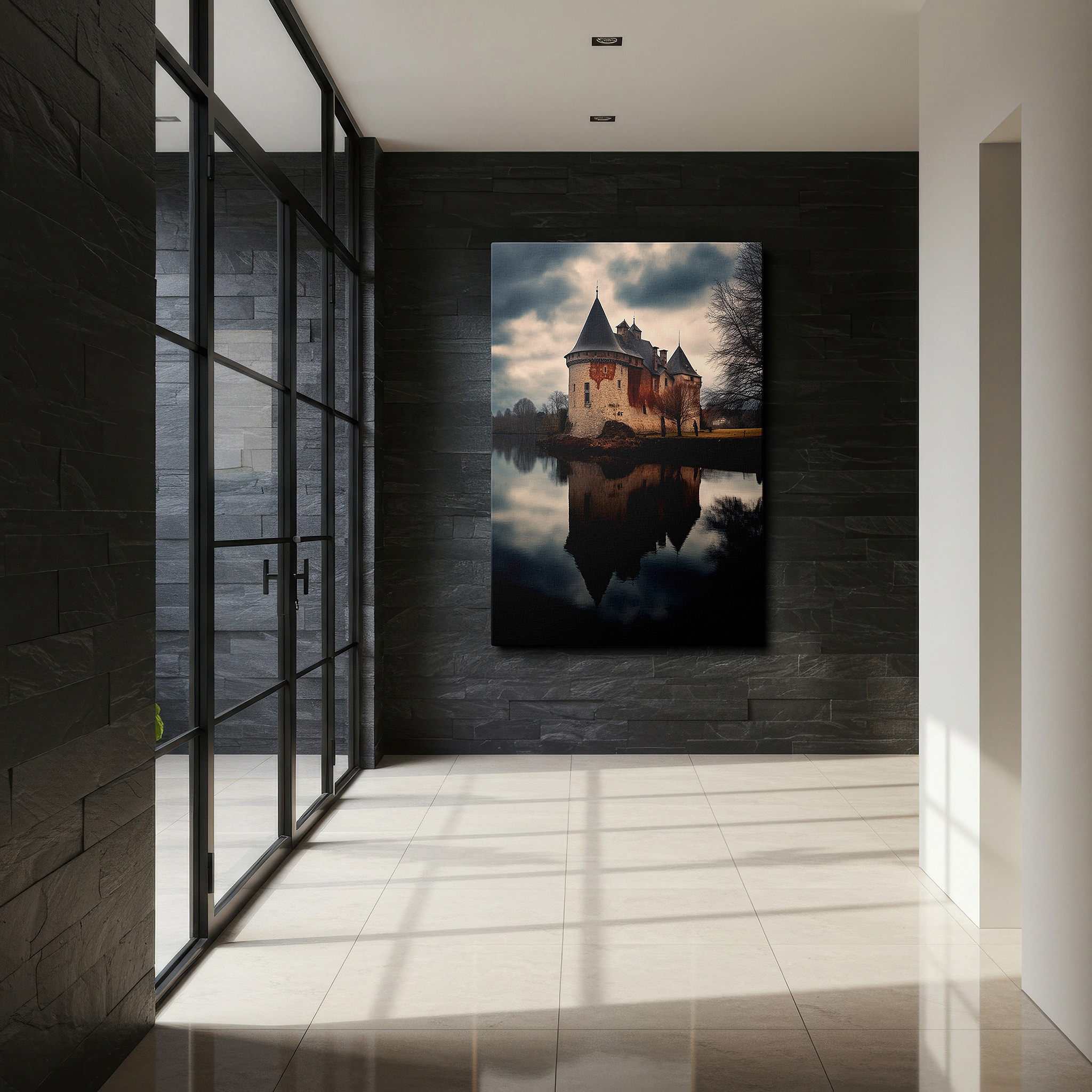 Aligned with a curated gallery wall of abstract artworks — enigmatic castle by the lake wall art: large canvas for office, bedroom, and living room decor, mysterious and solitary