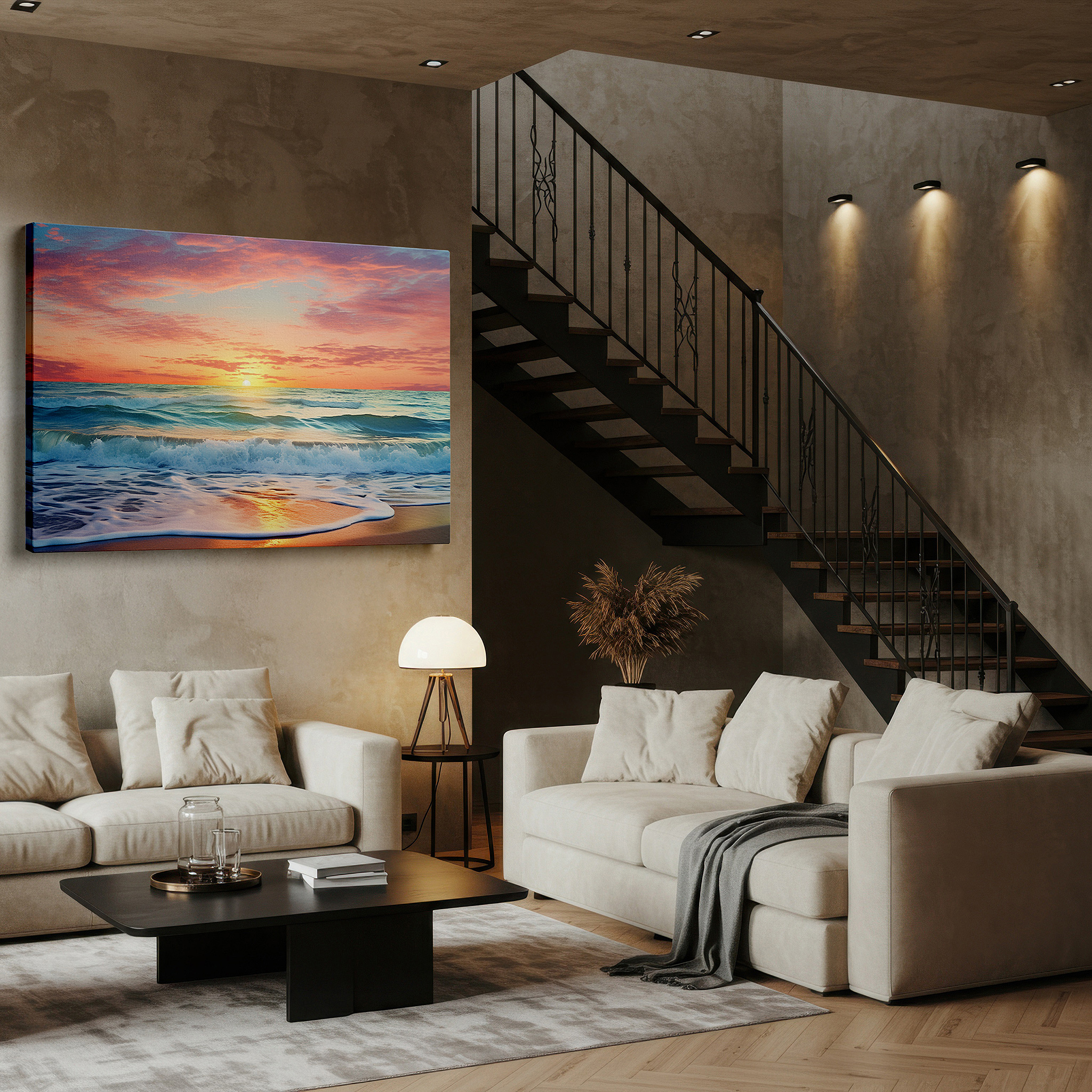 Aligned with a curated gallery wall of abstract artworks — fiery hues and tranquil blues: sunset over the ocean large wall art, canvas wall art, wall decor for office and bedroom