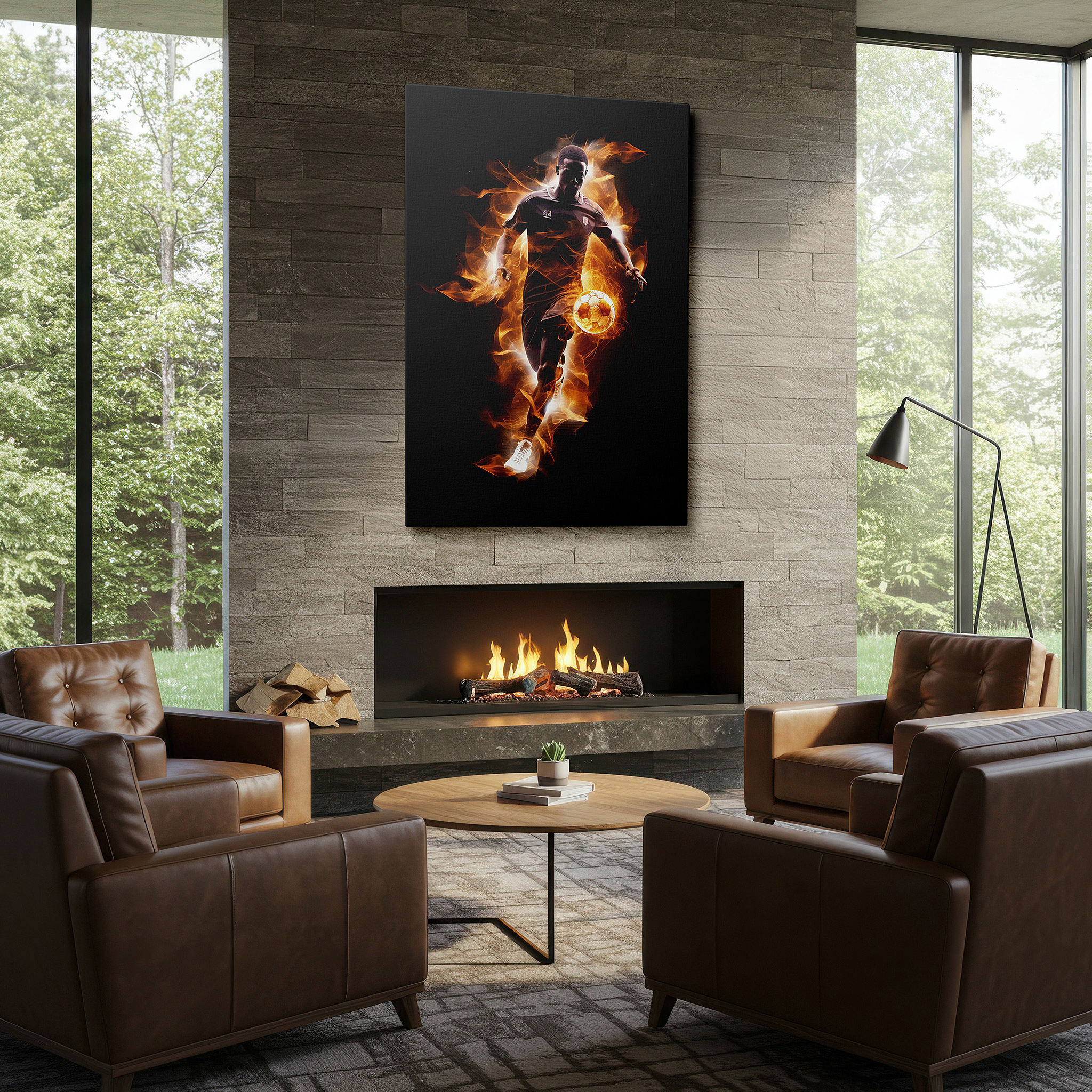 Aligned with a curated gallery wall of abstract artworks — fiery soccer spirit wall art - capturing the essence of passion and intensity in motion, perfect for office, bedroom, or living room decor