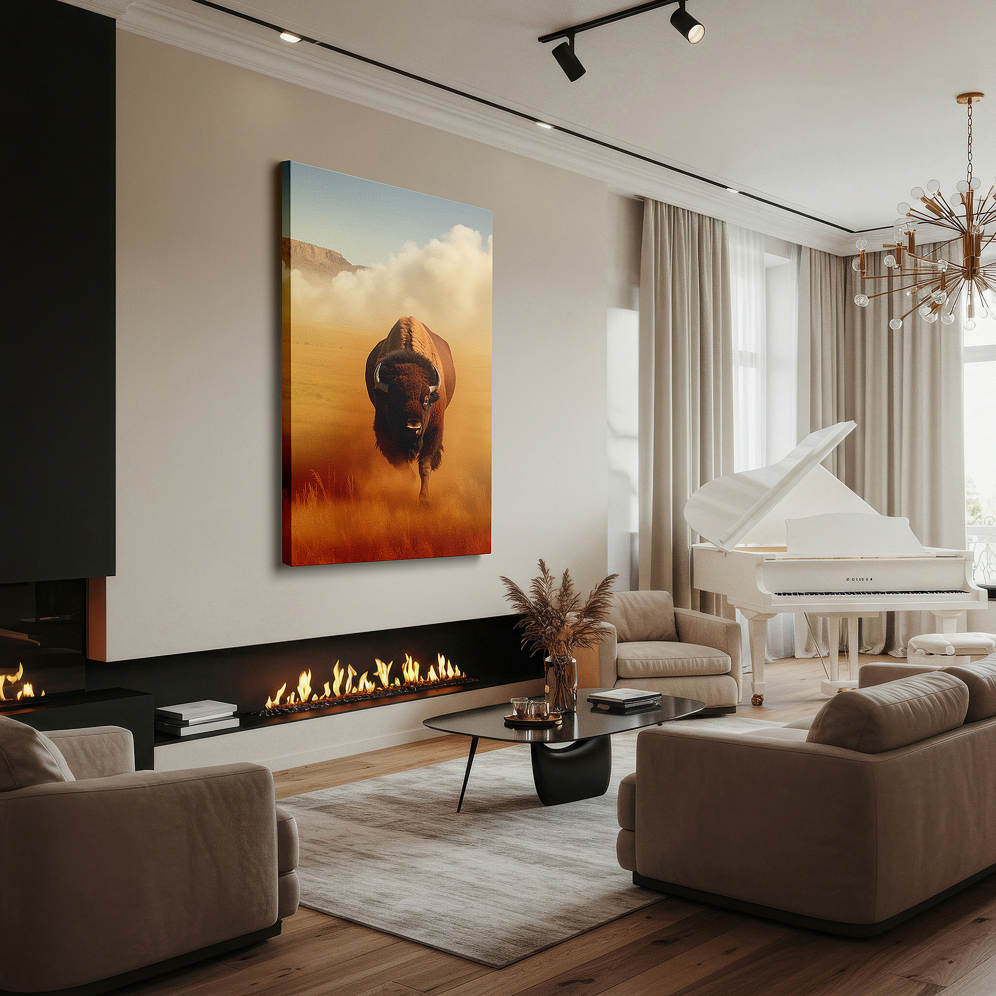 Aligned with a curated gallery wall of abstract artworks — golden dust majestic bison, emblem of strength and freedom in the wild west, large canvas wall art for office decor