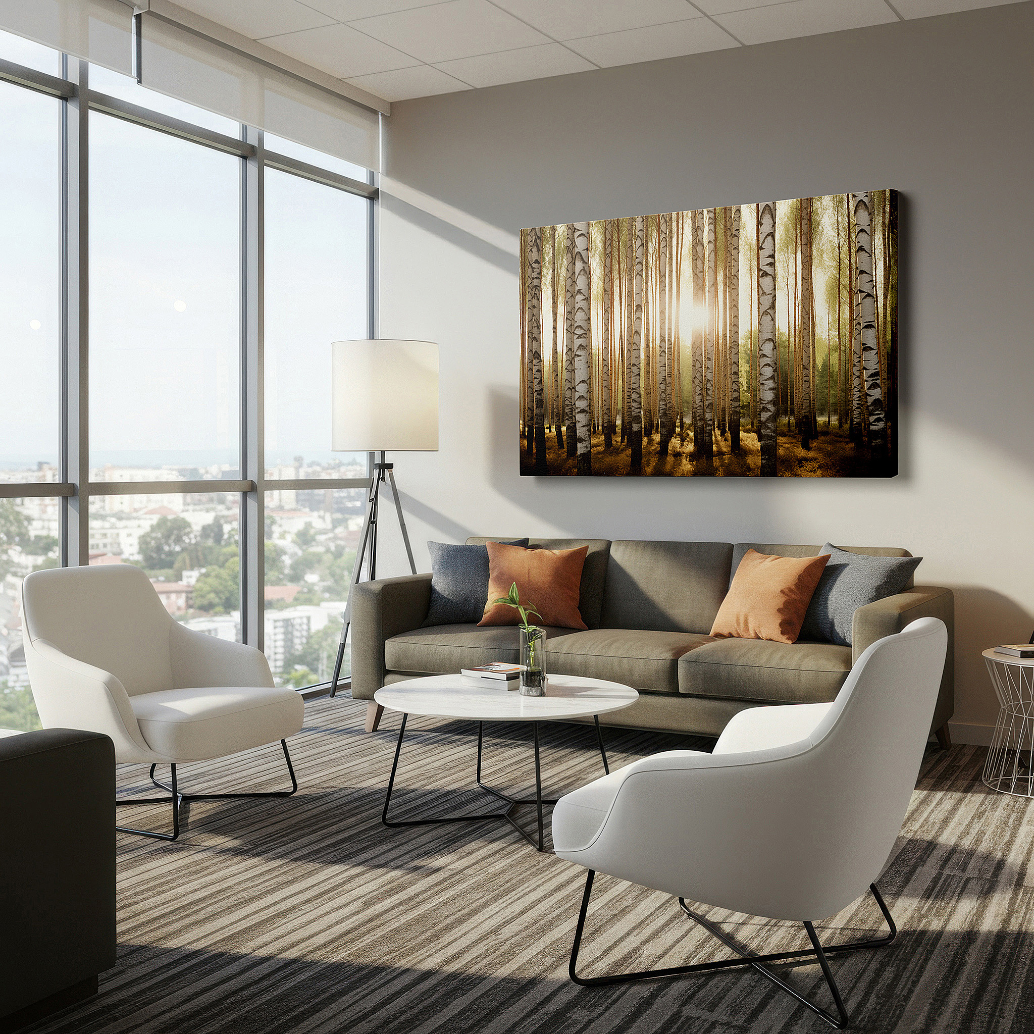 Aligned with a curated gallery wall of abstract artworks — golden sunlight serene birch forest, tranquil nature sanctuary large wall art, canvas wall art, wall decor for office