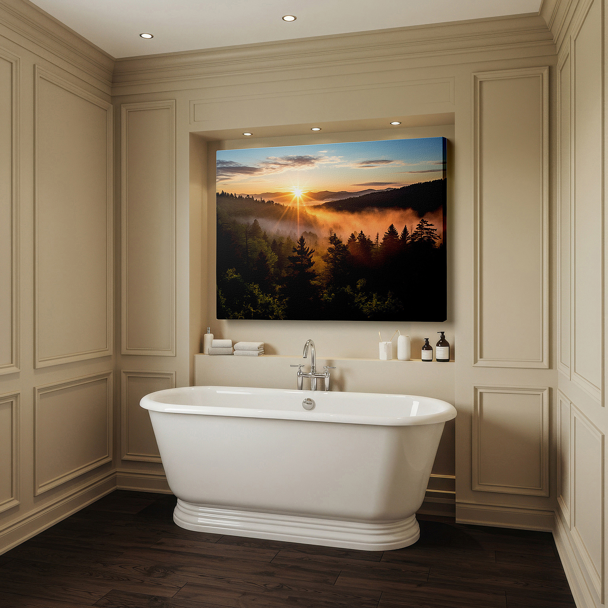 Aligned with a curated gallery wall of abstract artworks — golden sunrise over misty valley with lush trees and majestic mountains - large canvas wall art for office and bedroom decor
