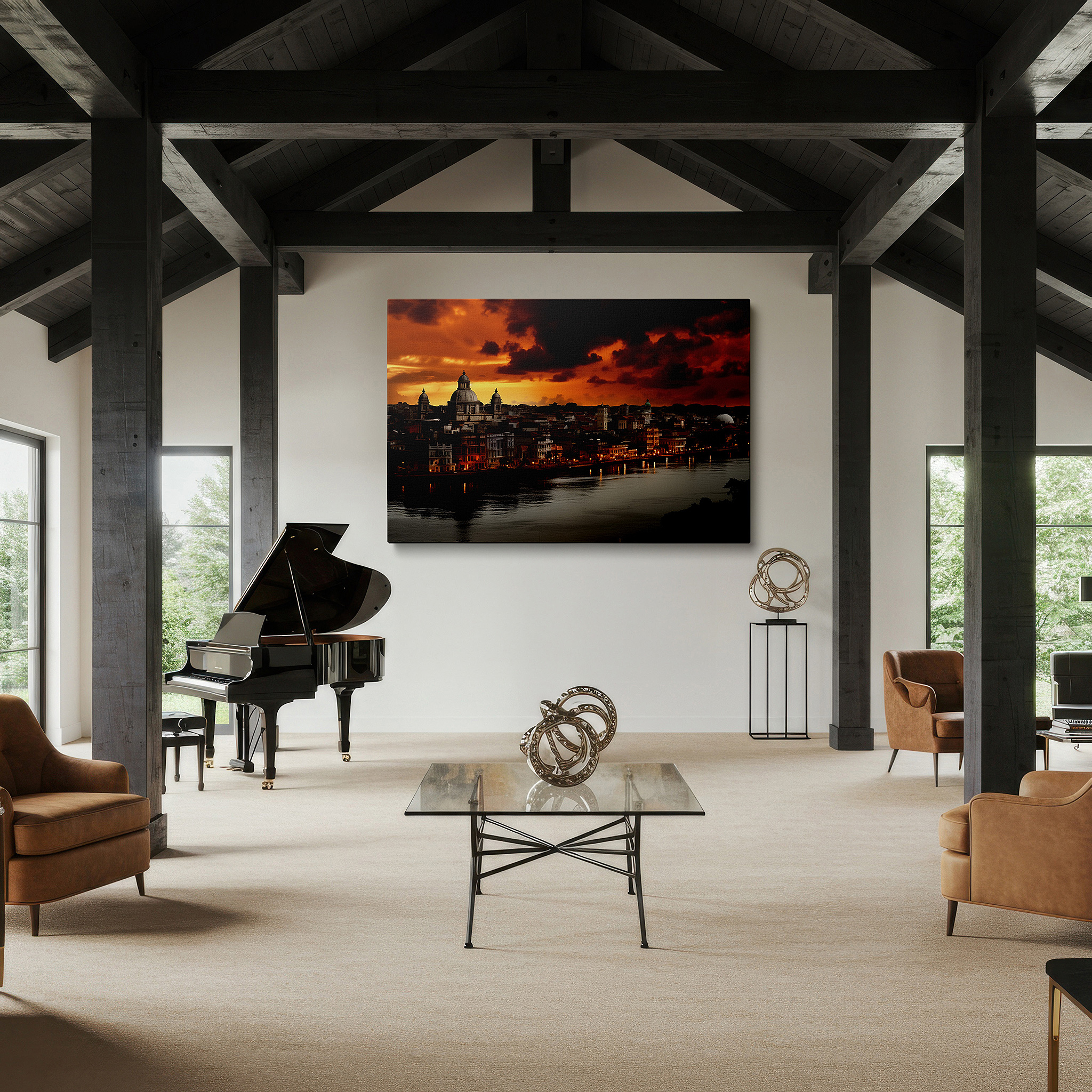 Aligned with a curated gallery wall of abstract artworks — golden sunset over historic cityscape wall art: a vivid interplay of light and architecture - large canvas wall art for home and office decor