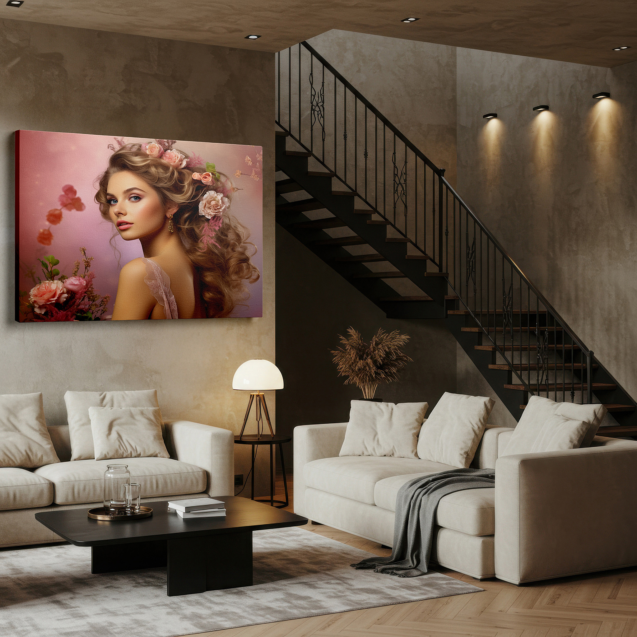 Aligned with a curated gallery wall of abstract artworks — graceful and timeless femininity captured in nature-inspired large wall art for office and bedroom decor